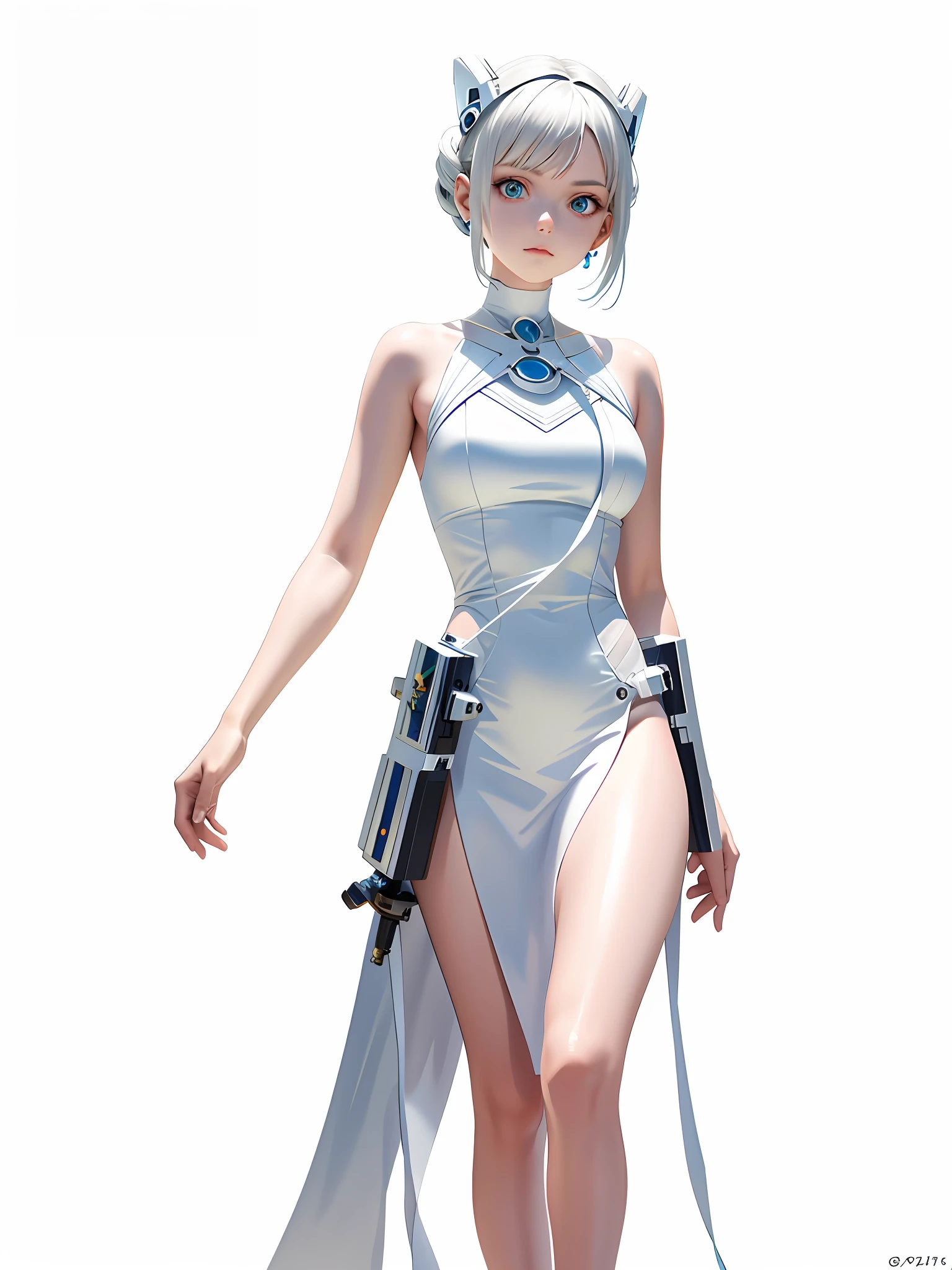 Bare arms, Bare palms, Sleeveless shirt, Full body,1 girl,Wear a Space opera style costumes, pale skin,A simple evening dress with a sci-fi feel, white plastic, diffuse lighting, divine goddess, fantasy, no helmet,absurdres,dune,mass,(masterpiece:1.4), ultra-detailed, 1girl, stand up,2023 fashion,