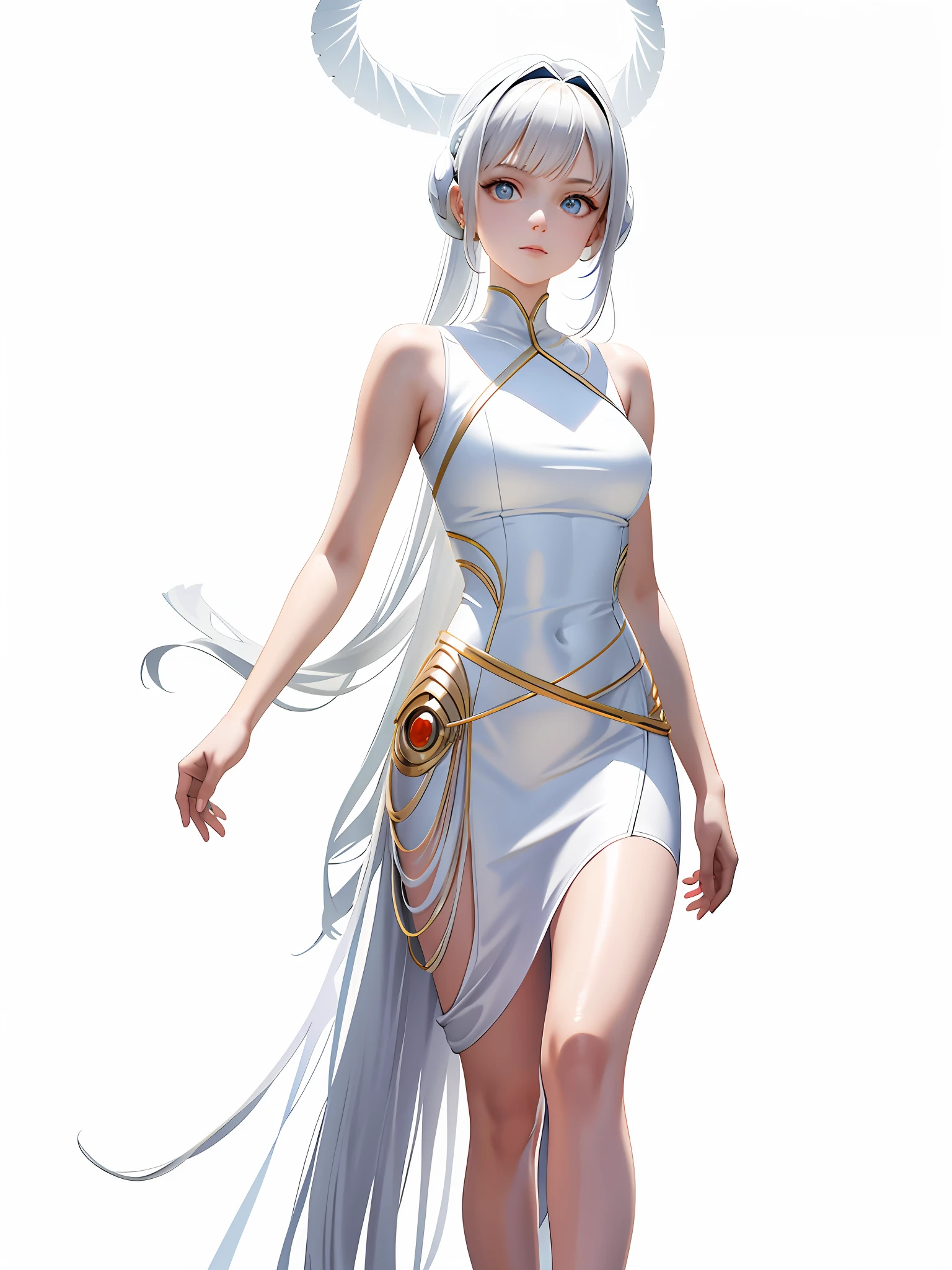Bare arms, Bare palms, Sleeveless shirt, Full body,1 girl,Wear a Space opera style costumes, pale skin,A simple evening dress with a sci-fi feel, white plastic, diffuse lighting, divine goddess, fantasy, no helmet,absurdres,dune,mass,(masterpiece:1.4), ultra-detailed, 1girl, stand up,2023 fashion,