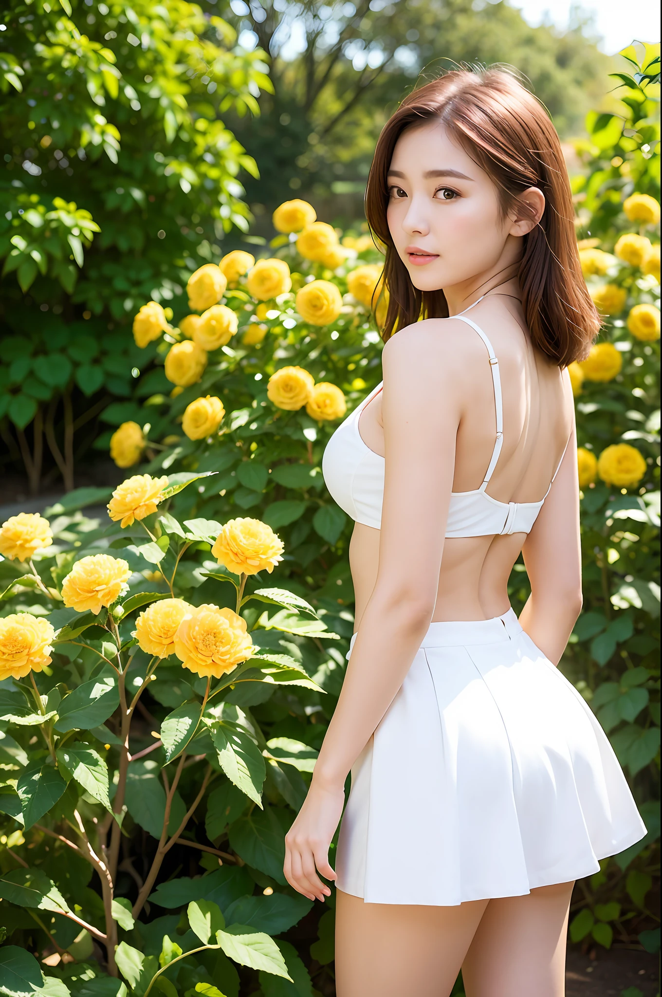 (Best Quality, Masterpiece: 1.2), Portrait, Breasts, Buttocks: 0.5, Outdoor, 25-Year-Old Woman in the Garden: 2, White Miniskirt, (Pale Yellow Flower Confusion in the Background: 1.3), Backlight: 1.7, Rich Skin Detail: 1.8,