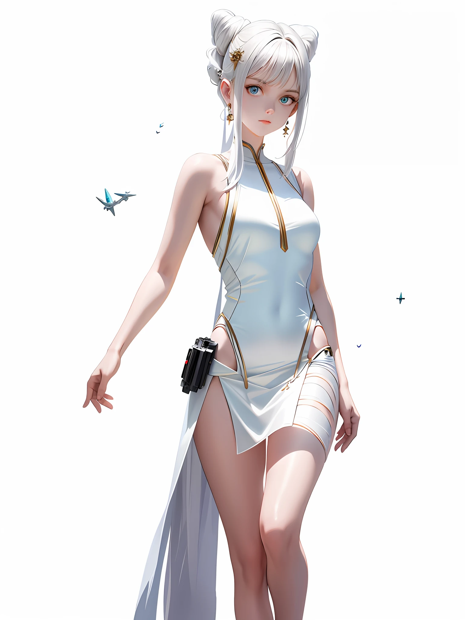 Bare arms, Bare palms, Sleeveless shirt, Full body,1 girl,Wear a Space opera style costumes, pale skin,A simple evening dress with a sci-fi feel, white plastic, diffuse lighting, divine goddess, fantasy, no helmet,absurdres,dune,mass,(masterpiece:1.4), ultra-detailed, 1girl, stand up,2023 fashion,