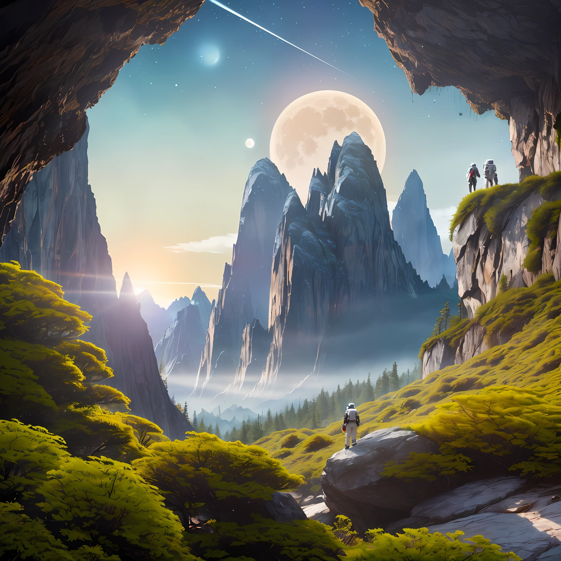 (35mm style: 1.2), highly detailed RAW color photo, rear angle, full body, of (female space marine, wearing white spacesuit with black details, futuristic helmet, pointed face shield, rebreather, sharp booty), outdoor, (standing on the cliff of high rocky mountain, looking out over the magical verdant rainforest on alien planet), vivid details,  (exotic alien planet), toned body, (science fiction), (mountains: 1.1), (lush green vegetation), (two moons in the sky: 0.8), (highly detailed, hyperdetailed, intricate), (lens reflection: 0.7), (flowering: 0.7), particle effects, ray tracing, cinematic lighting, shallow depth of field, photographed on a Sony a9 II, 35mm wide-angle lens, sharp focus, Gravity 2013 cinematic film,  seen from behind, dynamic angle