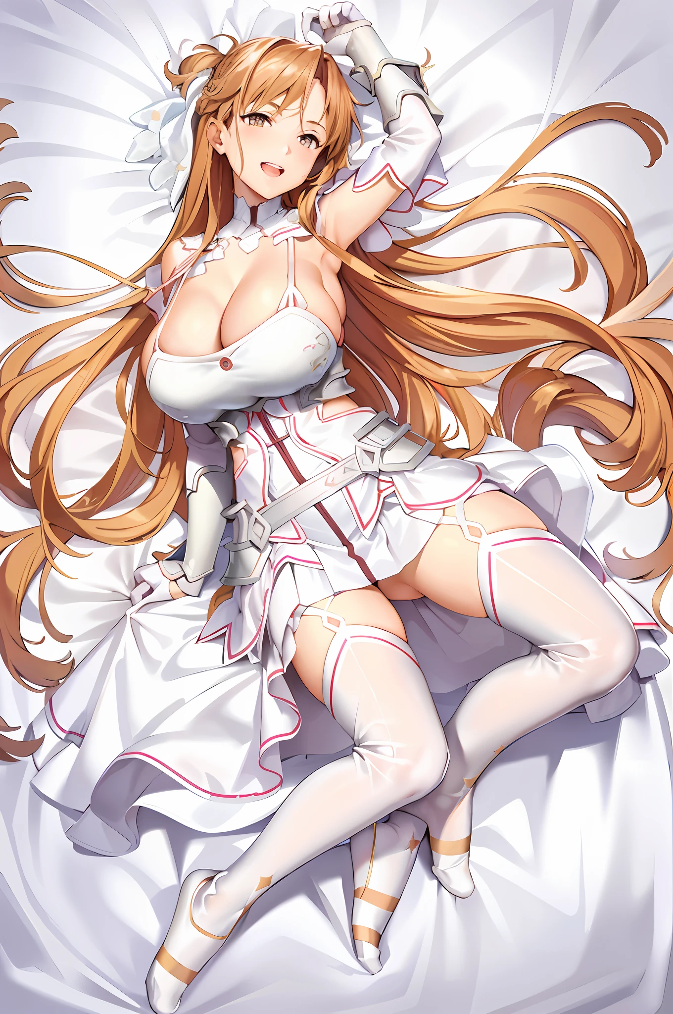 stacia, asuna, asuna_\(sao\), 1girl, (sexy pose:1.4), fantasy, highres,  looking_away, looking_to_the_side,  original, realistic, (excite), scenery,  close_up, upper_body, (lying on the bed:1.2), smiling, solo, (potruding nipple:1.2), long hair, (huge breasts:1.3), looking at viewer, smile, open mouth, bangs ,detailed eyes, beautiful background, (hotel room), hands on the chest, orange hair, (spread legs:1.3), thighhighs, gloves, dress, (cleavage:1.4), bare shoulders, brown eyes, very long hair, standing, (full body:1.5), white gloves,  white dress, armor, white thighhighs, garter straps, breeze, white armor,  abec, nsfw