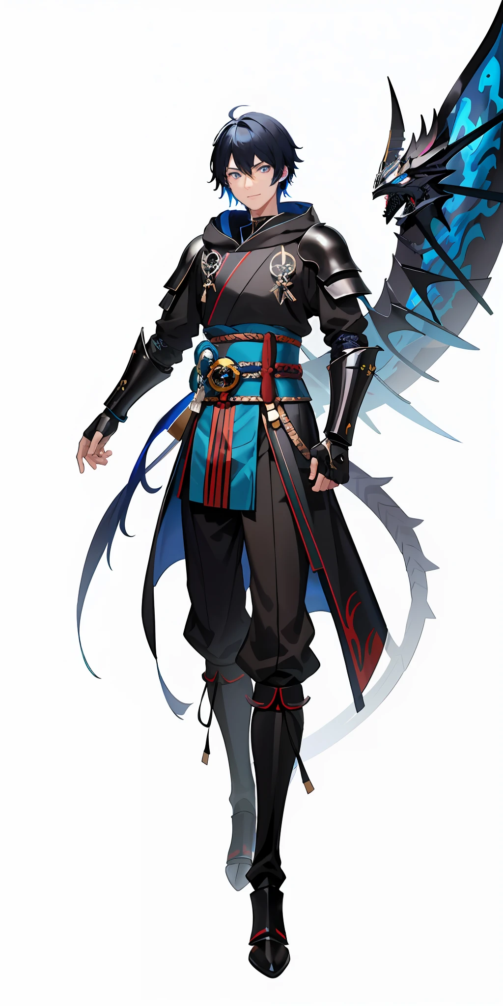 1 man,black and blue hair,multicolored hair,blue detailed eyes,smile face,glowing hair,full black dragon armor combine with Shogun combine with hoodie,shoulder armor,hand armor,holding a dragon slayer sword,on the kingdom, medieval background, authoritative pose,devil aura