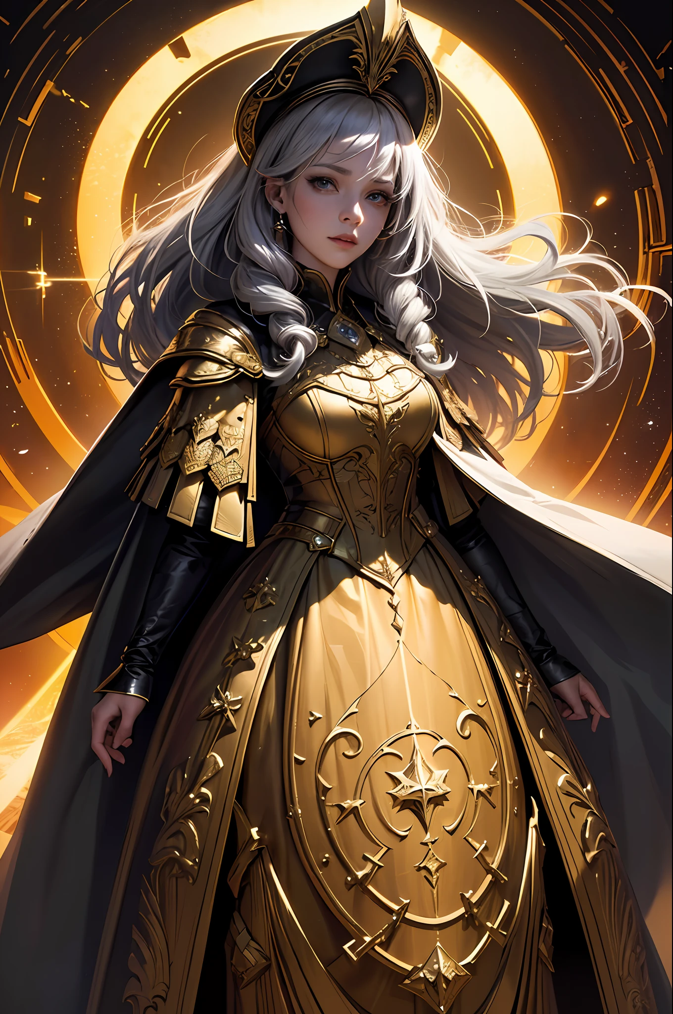 (Front Focus), (In the Dark: 1.6), A Woman Wearing Gorgeous Golden Robe, Fantasy Art, Photo Realism, Dynamic Lighting, Artstation, Poster, Volumetric Lighting, Very Detailed Face, 4 K, Award-Winning 1girl, In the Dark, Deep Shadow, Low Key, Cowboy Shot, (Official Uniform: 1.4), Long Hair, Gray Hair