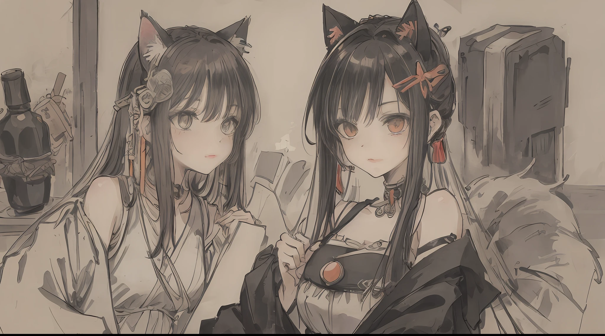 Cyberpunk women wear ancient pagan Slavros costumes mixed with non-Gothic aesthetics. Portrait, detailed face, cat ears, cat tail