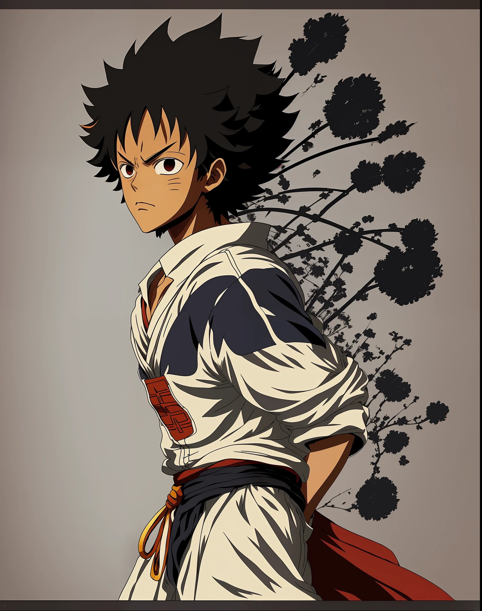 Protagonist of the anime afro samurai with the costume of luffy de luffe. Front profile photo in 3x4 dimensions. Image texture: anime.