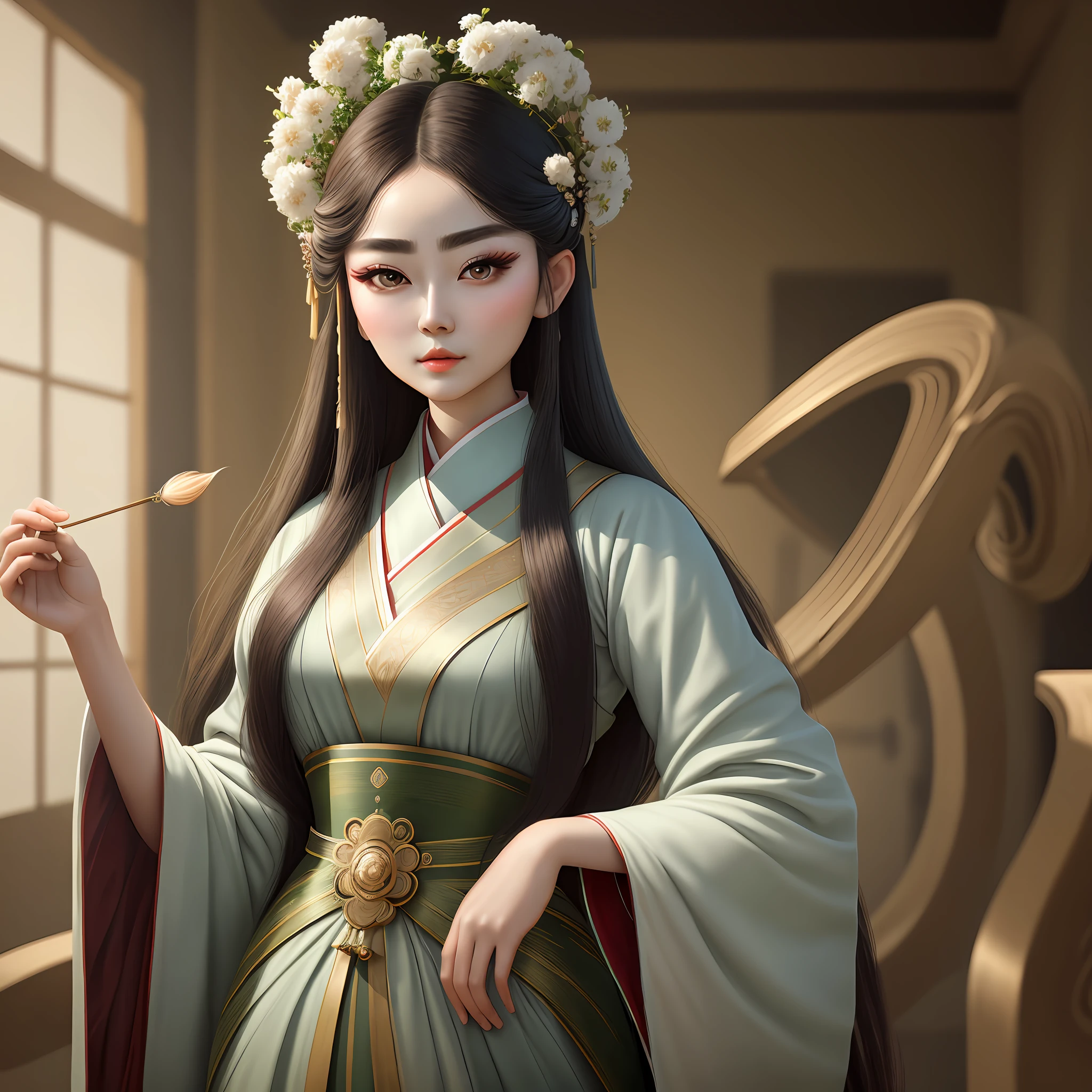 Classical beauty, real person, big eyes, willow leaf eyebrows, thin waist, perfect figure, exquisite makeup, Hanfu, hairpin, exquisite details, 8K resolution, delicate face, normal photography, thick painting