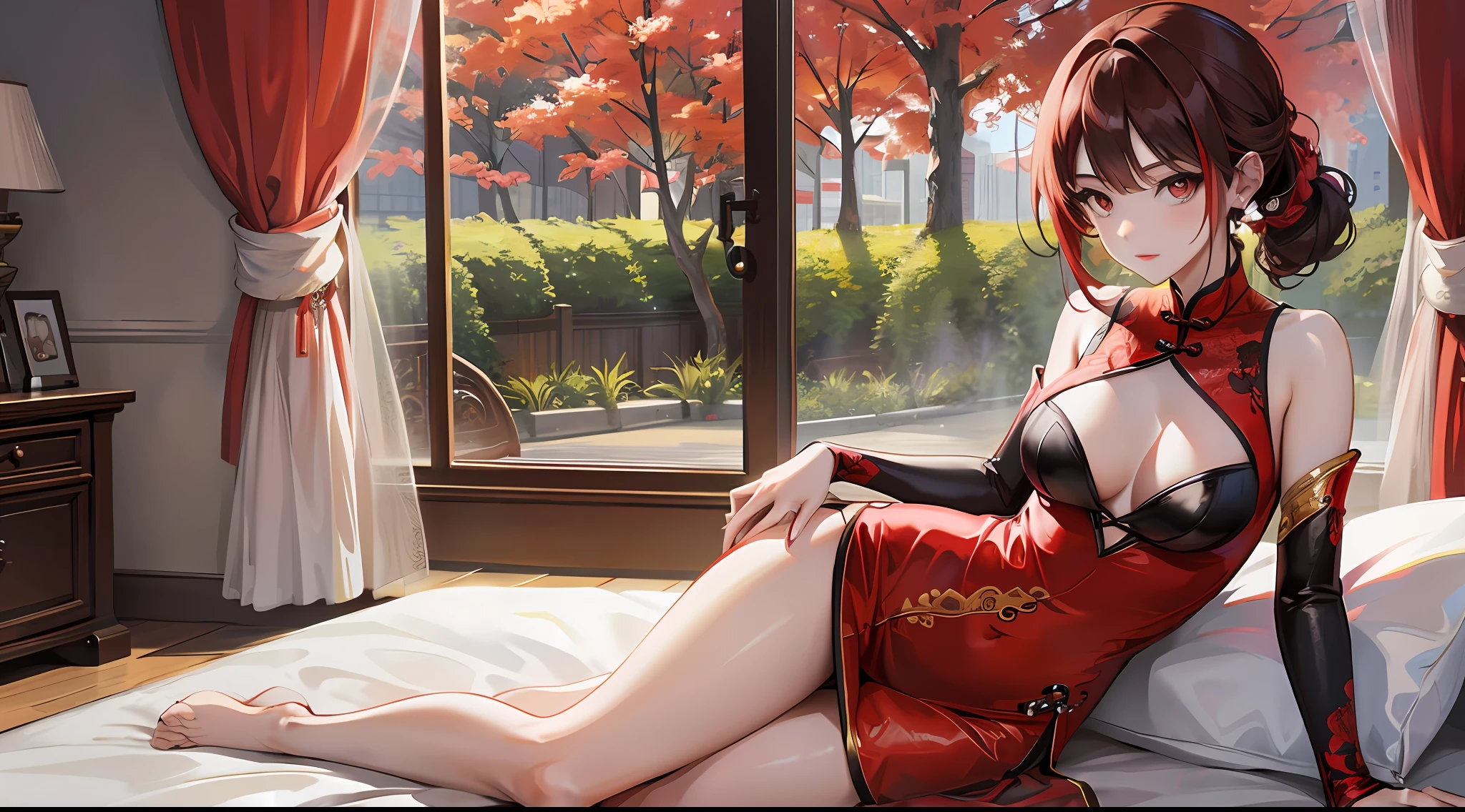 A young woman, red cheongsam, seductive figure, sitting dignified on the edge of the bed
