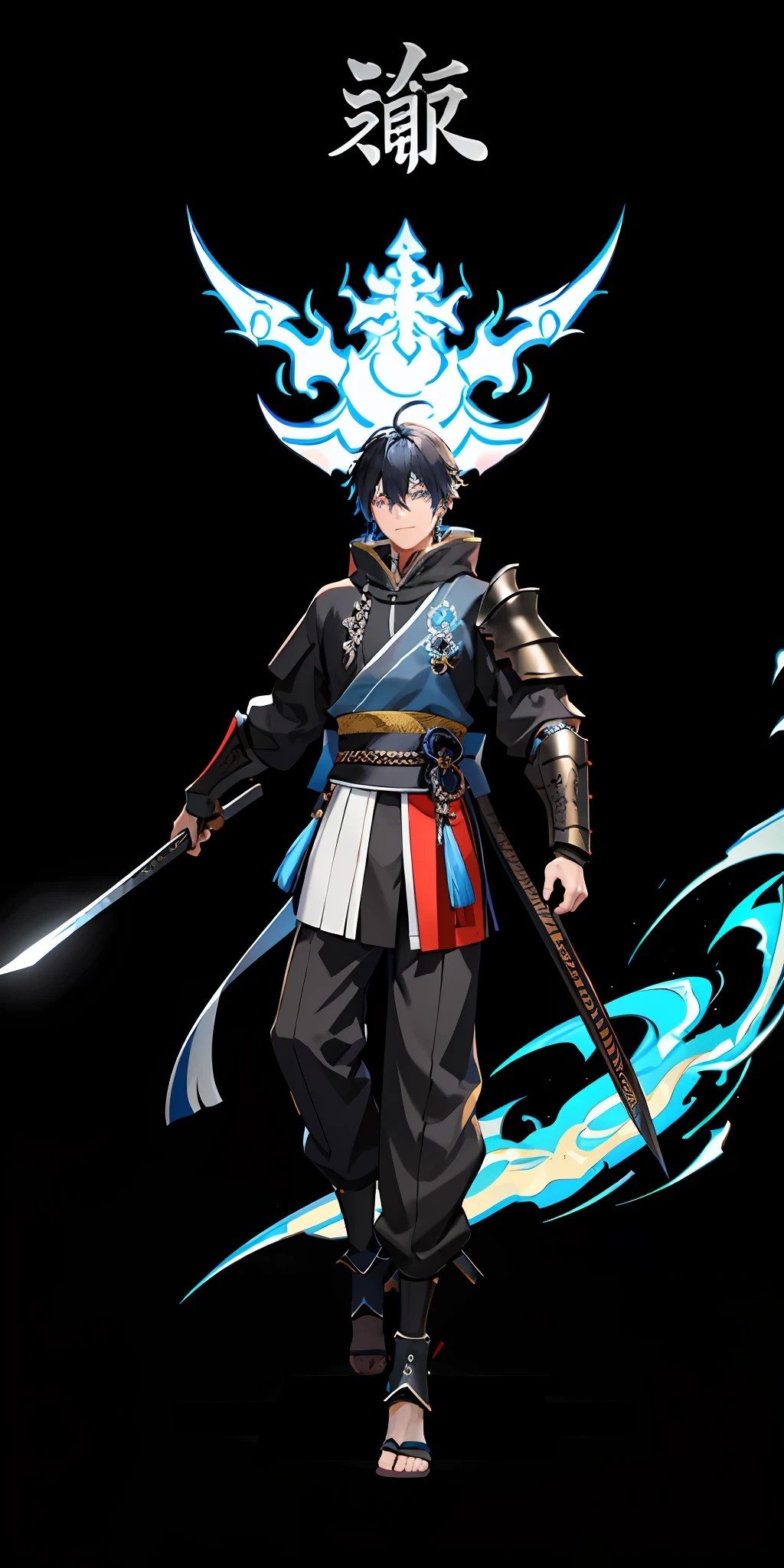 1 man,black and blue hair,multicolored hair,blue detailed eyes,smile face,glowing hair,full black dragon armor combine with Shogun combine with hoodie combine with samurai armor,shoulder armor,hand armor,holding a dragon slayer sword,on the kingdom, medieval background, authoritative pose,devil aura