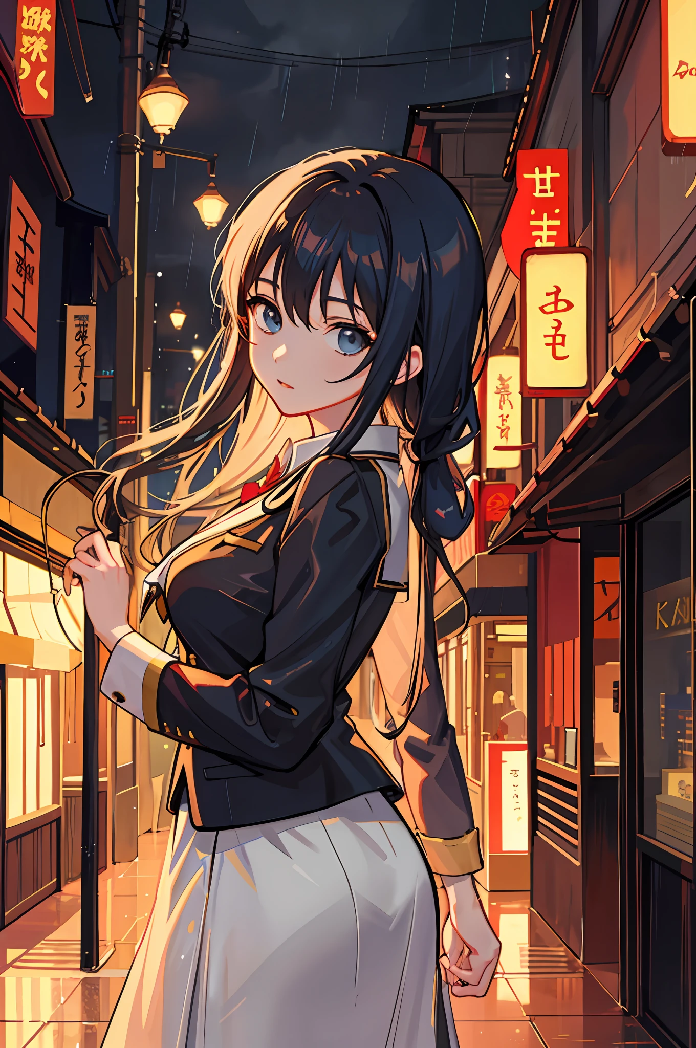 raining night,city,A beautiful woman in wearing school uniform on the bustling streets of Gintama, surrounded by vendors, beautiful portrait of a stunning goddess girl, beautiful detailed face, porcelain skin, half body shot, centered, ultra soft lighting, symmetry, intricate, elegant, highly detailed, photorealistic, artstation, concept art, smooth, as imagined by greg rutkowski and borris vallejo, cover, vogue style