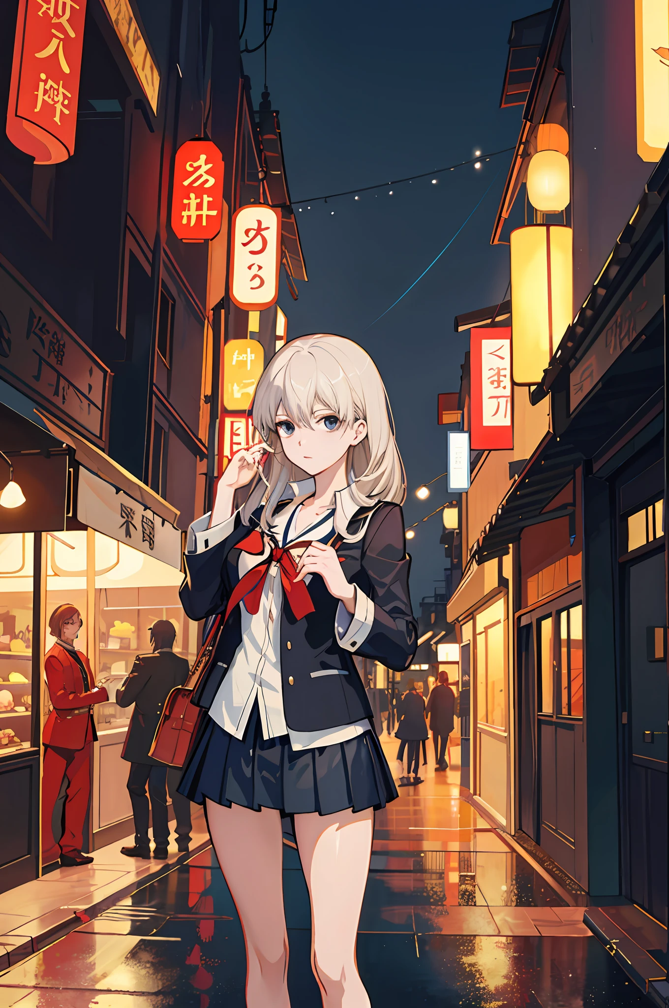 raining night,city,A beautiful woman in wearing school uniform on the bustling streets of Gintama, surrounded by vendors, beautiful portrait of a stunning goddess girl, beautiful detailed face, porcelain skin, half body shot, centered, ultra soft lighting, symmetry, intricate, elegant, highly detailed, photorealistic, artstation, concept art, smooth, as imagined by greg rutkowski and borris vallejo, cover, vogue style