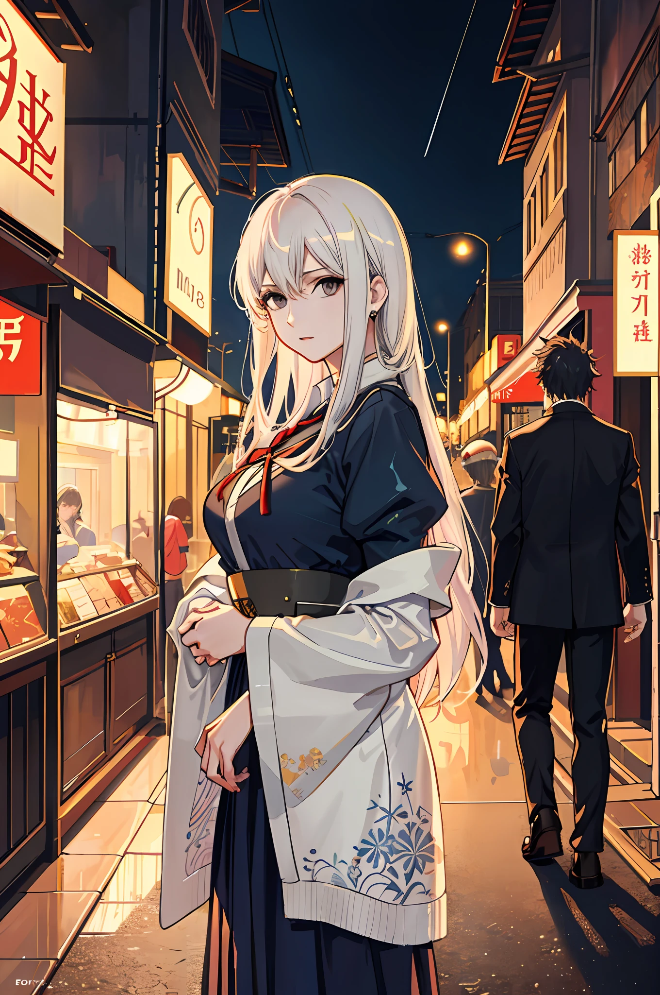 raining night,city,A beautiful woman  wearing school uniform on the bustling streets of Gintama, surrounded by vendors, beautiful portrait of a stunning goddess girl, beautiful detailed face, porcelain skin, half body shot, centered, ultra soft lighting, symmetry, intricate, elegant, highly detailed, photorealistic, artstation, concept art, smooth, as imagined by greg rutkowski and borris vallejo, cover, vogue style