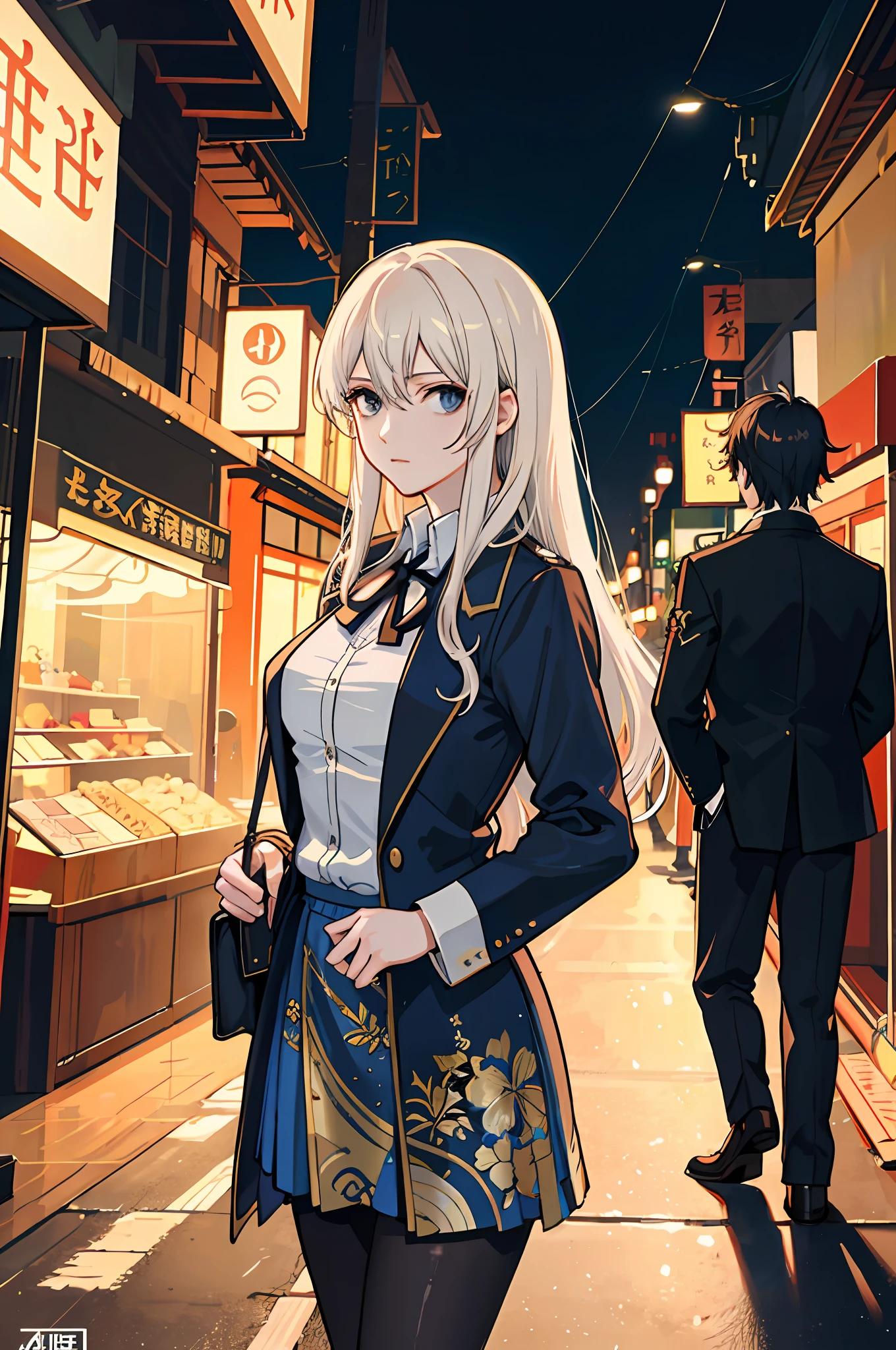 raining night,city,A beautiful woman  wearing school uniform on the bustling streets of Gintama, surrounded by vendors, beautiful portrait of a stunning goddess girl, beautiful detailed face, porcelain skin, half body shot, centered, ultra soft lighting, symmetry, intricate, elegant, highly detailed, photorealistic, artstation, concept art, smooth, as imagined by greg rutkowski and borris vallejo, cover, vogue style