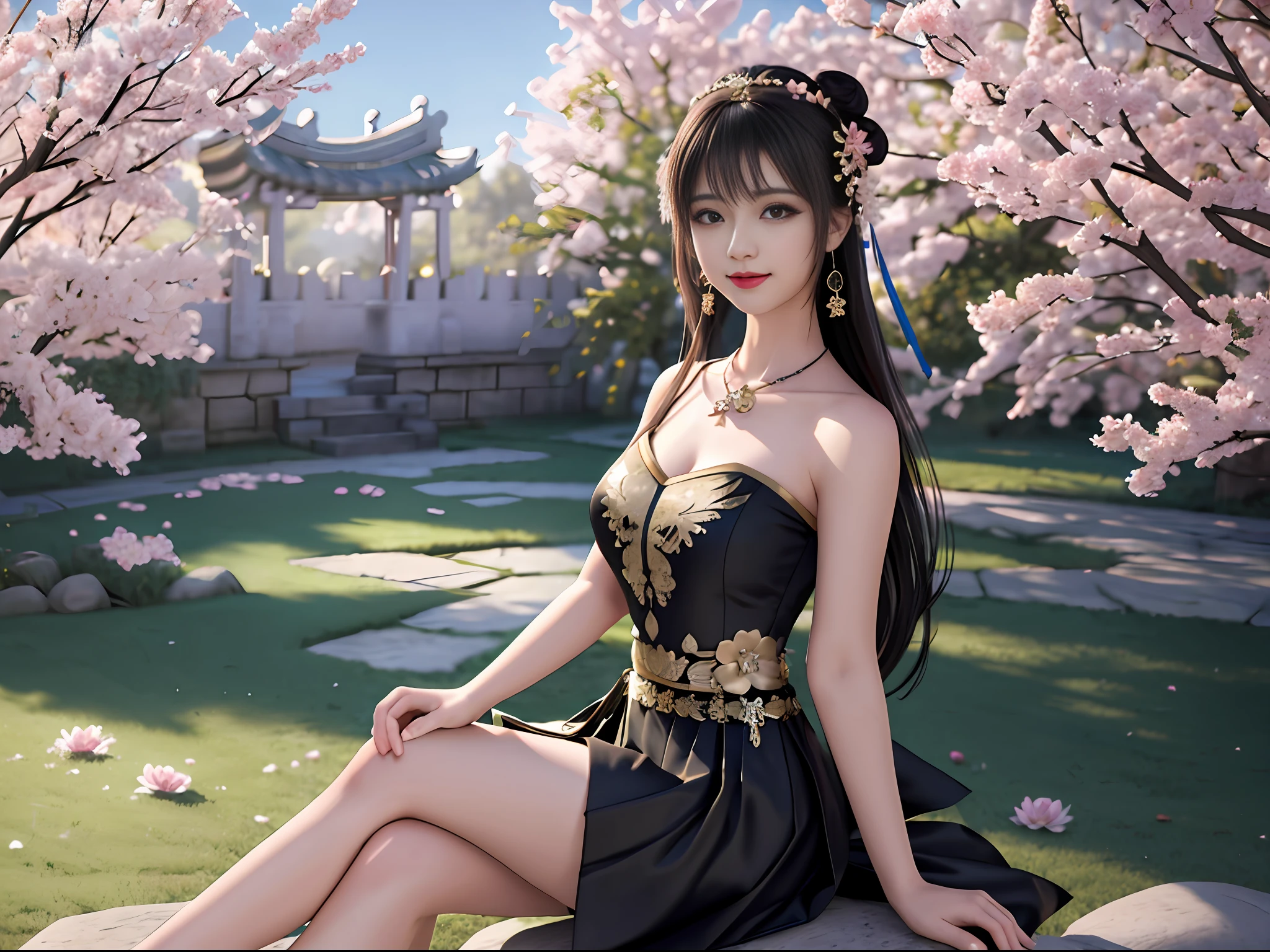 Excellent, masterpiece, high quality, high resolution, 8k, wallpaper, (((a girl))), (solo))), sideways sitting on stone, blush, star pupils, (realistic face), (high detail face), bright big eyes, (smile: 0.9), sweet smile, beautiful and delicate face, sexy body, (high detail skin: 1.2), Chinese hanfu, ((black dress)), short skirt, leaky shoulders, leaky thighs, bandeau, cleavage, medium boobs, long black hair, bangs, Bun, Detailed Hair Ornaments, Necklace, Jewelry, Beauty, Realistic, Light, Ancient Garden, Courtyard Full of Plum Blossoms, Detailed Background, 8K UHD, SLR, Soft Light, High Quality, Volume Lighting, Voyeur, Photo, High Resolution, 4K