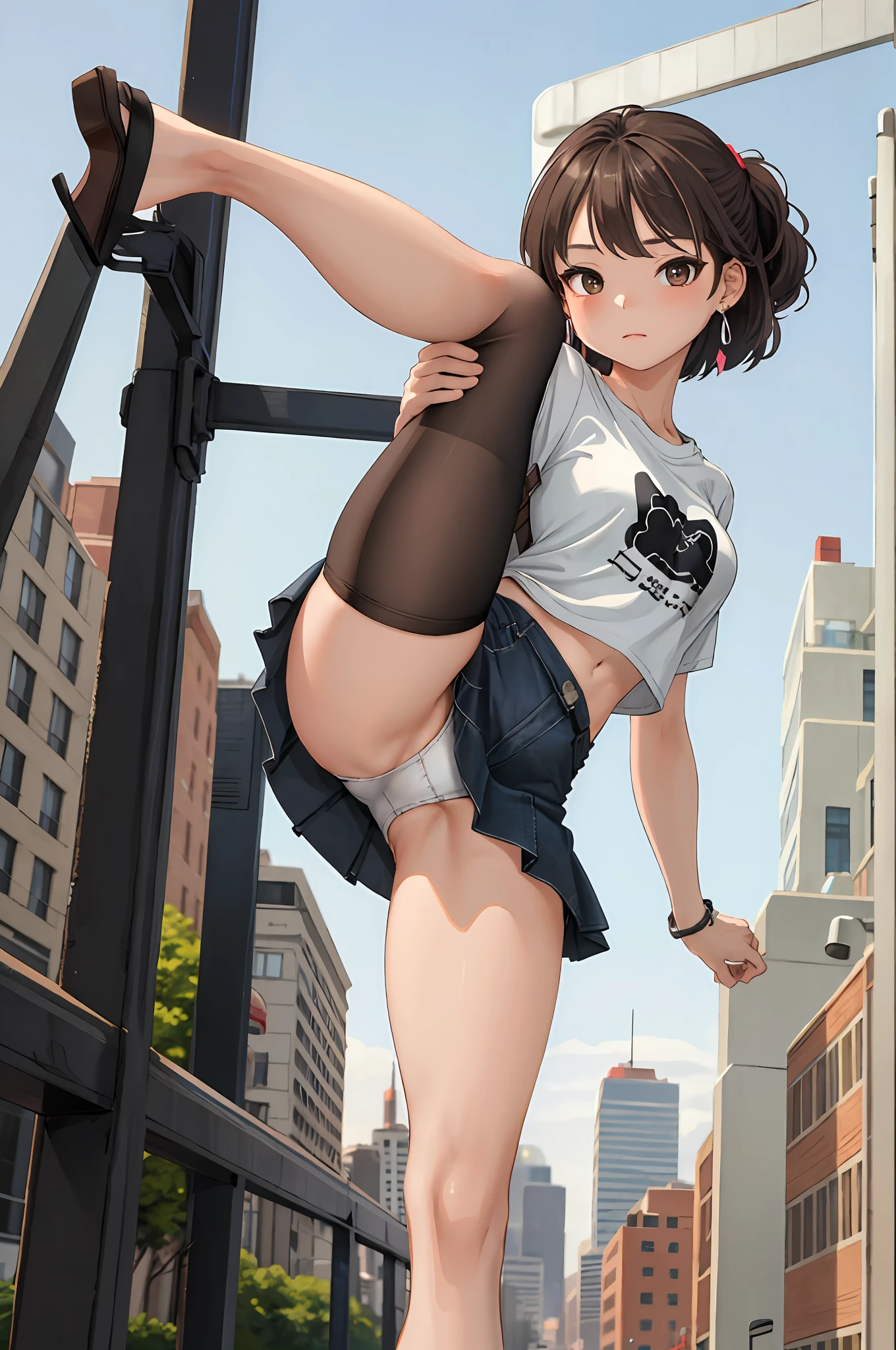 Masterpiece, top quality, 1 girl, young girl, gray-brown eyes, gray, prom hairstyle, upsetting _face, shiny skin, medium breasts, nice leg lines: 1.3, thick thighs, thin waist, , Denim_mini_skirt, graphic_t shirt, black_sandals, silver_hoop_earrings, black_ leather_backpack, cityscape, watch viewer, low angle, white panties, standing_split, standing_on_one_leg, leg_up, legs stretched straight up