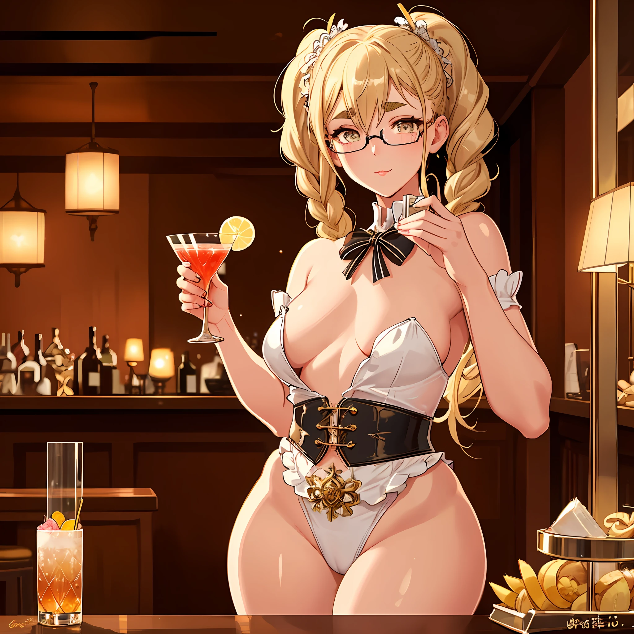 Bar, cocktail glasses, drinking cocktails, glasses, pigtails, small, nipple seals, huge thighs, thick eyebrows, thin waist, beautiful blonde, braids, countless lamps, background bar counter, (masterpiece), ((highest quality)), (super detailed), girl, (beautiful eyes)), beautiful detailed eyes, clean and detailed face, five fingers, textile shading, perfect anatomy,