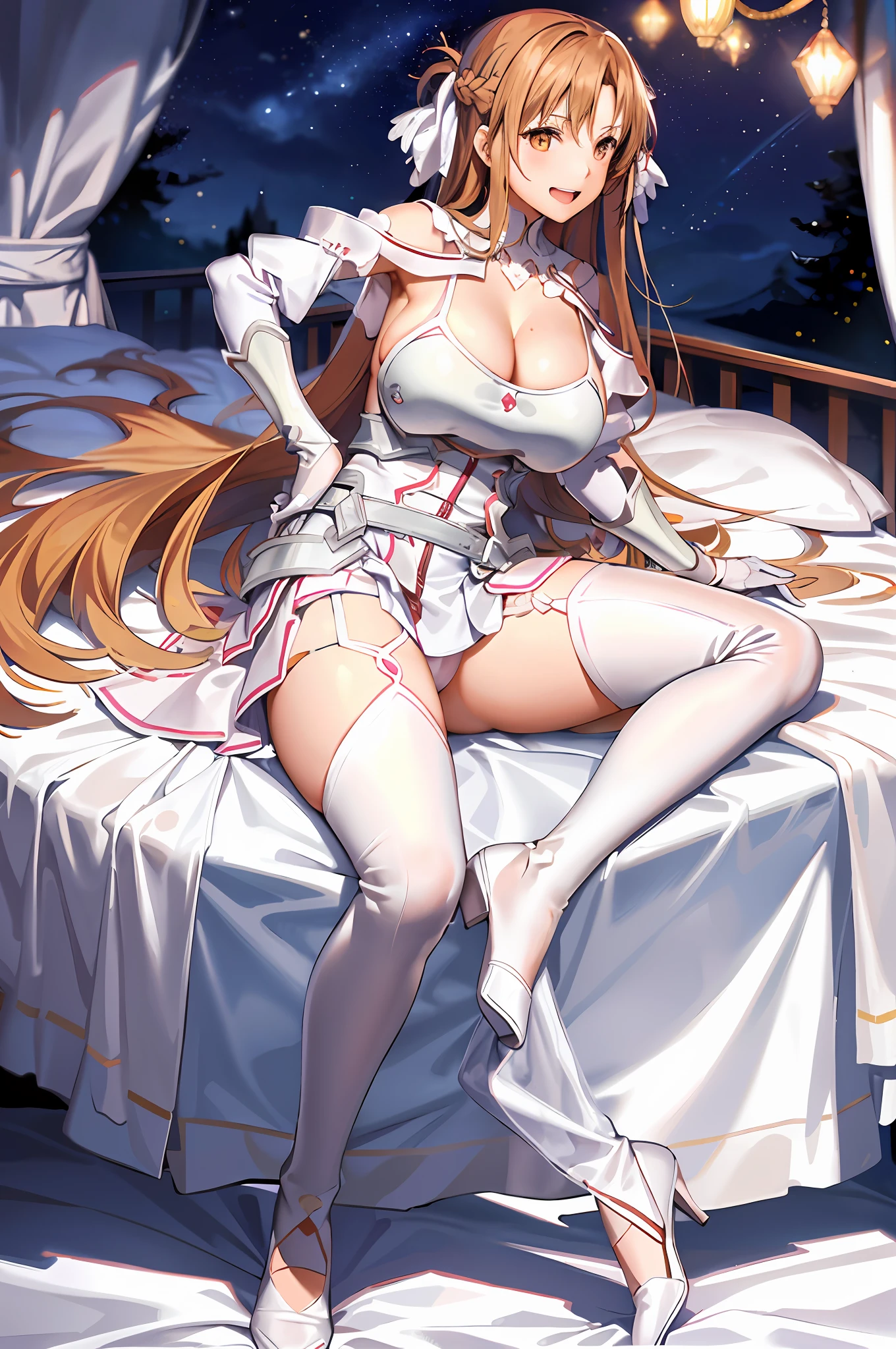 stacia, asuna, asuna_\(sao\), 1girl, (sexy pose:1.4), fantasy, highres, looking_away, looking_to_the_side, original, realistic, (excite), scenery, close_up, upper_body, (lying on the bed:1.2), smiling, solo, (potruding nipple:1.2), long hair, (huge breasts:1.3), looking at viewer, smile, open mouth, bangs ,detailed eyes, beautiful background, (hotel room), hands on the chest, orange hair, (spread legs:1.3), thighhighs, gloves, dress, (cleavage:1.4), bare shoulders, brown eyes, very long hair, standing, (full body:1.5), white gloves, white dress, armor, white thighhighs, garter straps, breeze, white armor, abec, nsfw