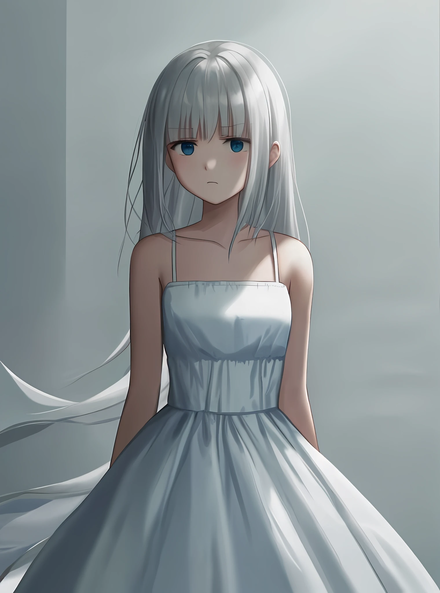 Sad girl with bare arms wearing a white flowing dress stares into the emptiness with dramatic lighting.