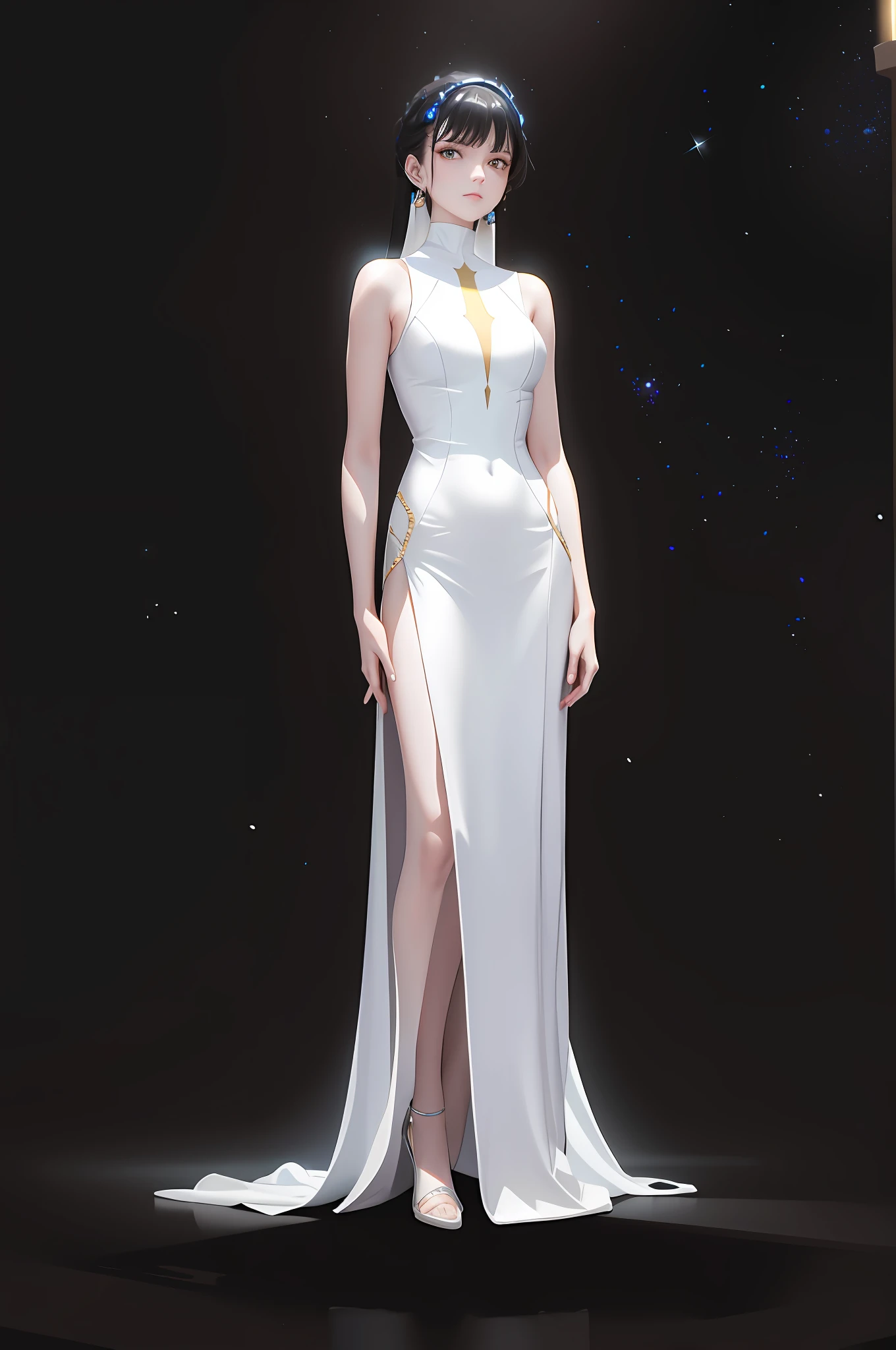 There are gold patterns on the clothes, There are shining light bars on the clothes,Bare arms, Bare palms, Sleeveless shirt, Full body,1 girl,Wear a Space opera style costumes, pale skin,A simple evening dress with a sci-fi feel, white plastic, diffuse lighting, divine goddess, fantasy, no helmet,absurdres,dune,mass,(masterpiece:1.4), ultra-detailed, 1girl, stand up,2023 fashion,