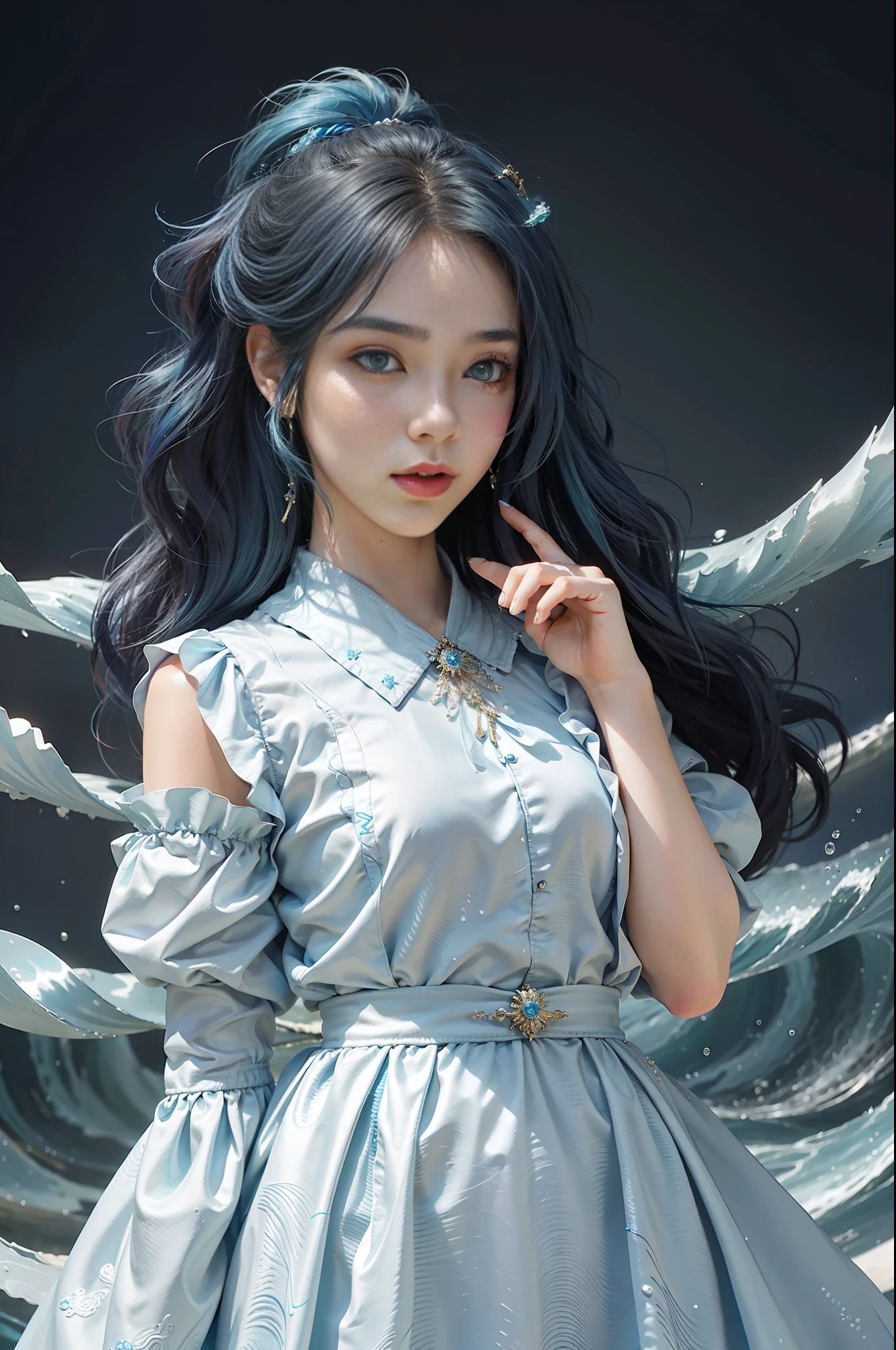 8K, 1girl, high color, gorgeous, (fractal art 1.8), pout, youth, blue hair, deep under the sea, gorgeous, dynamic, visual impact, hands in pockets, (waves on the lens 1.5)