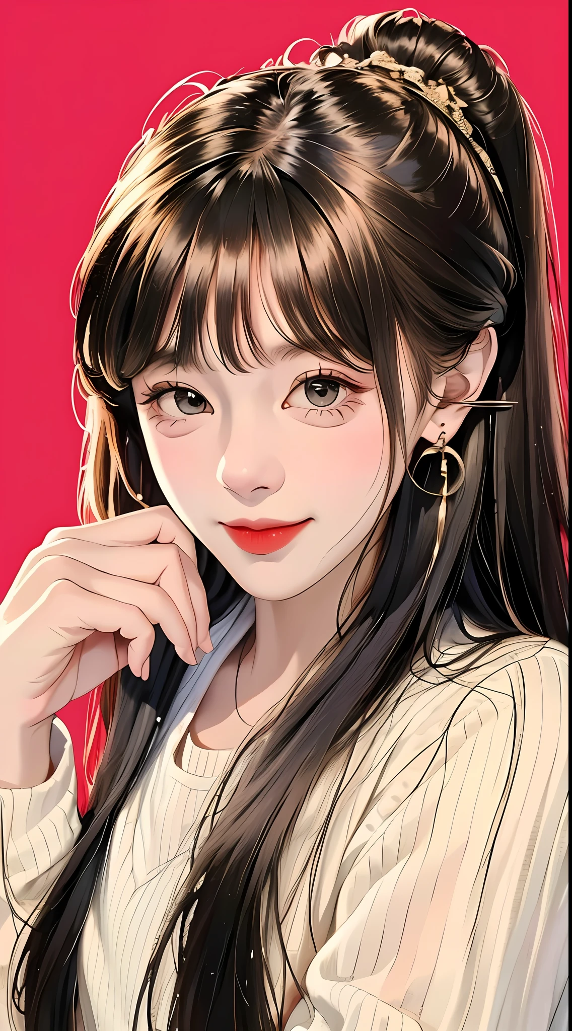 A cute girl with random hair, messy, earrings, street style, carefree look, solid color background, light smile, simple background, minimalist