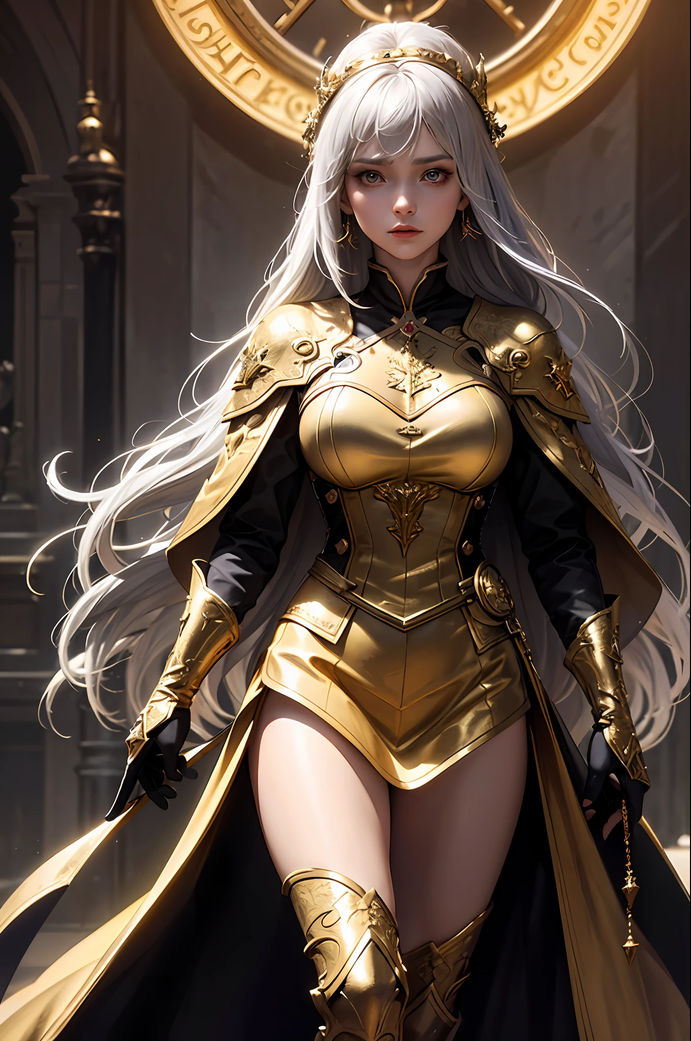 (Front Focus), (In the Dark: 1.6), A Woman Wearing Gorgeous Golden Robe, Fantasy Art, Photo Realism, Dynamic Lighting, Artstation, Poster, Volumetric Lighting, Very Detailed Face, 4 K, Award-Winning 1girl, In the Dark, Deep Shadow, Low Key, Cowboy Shot, (Official Uniform: 1.4), Long Hair, Gray Hair
