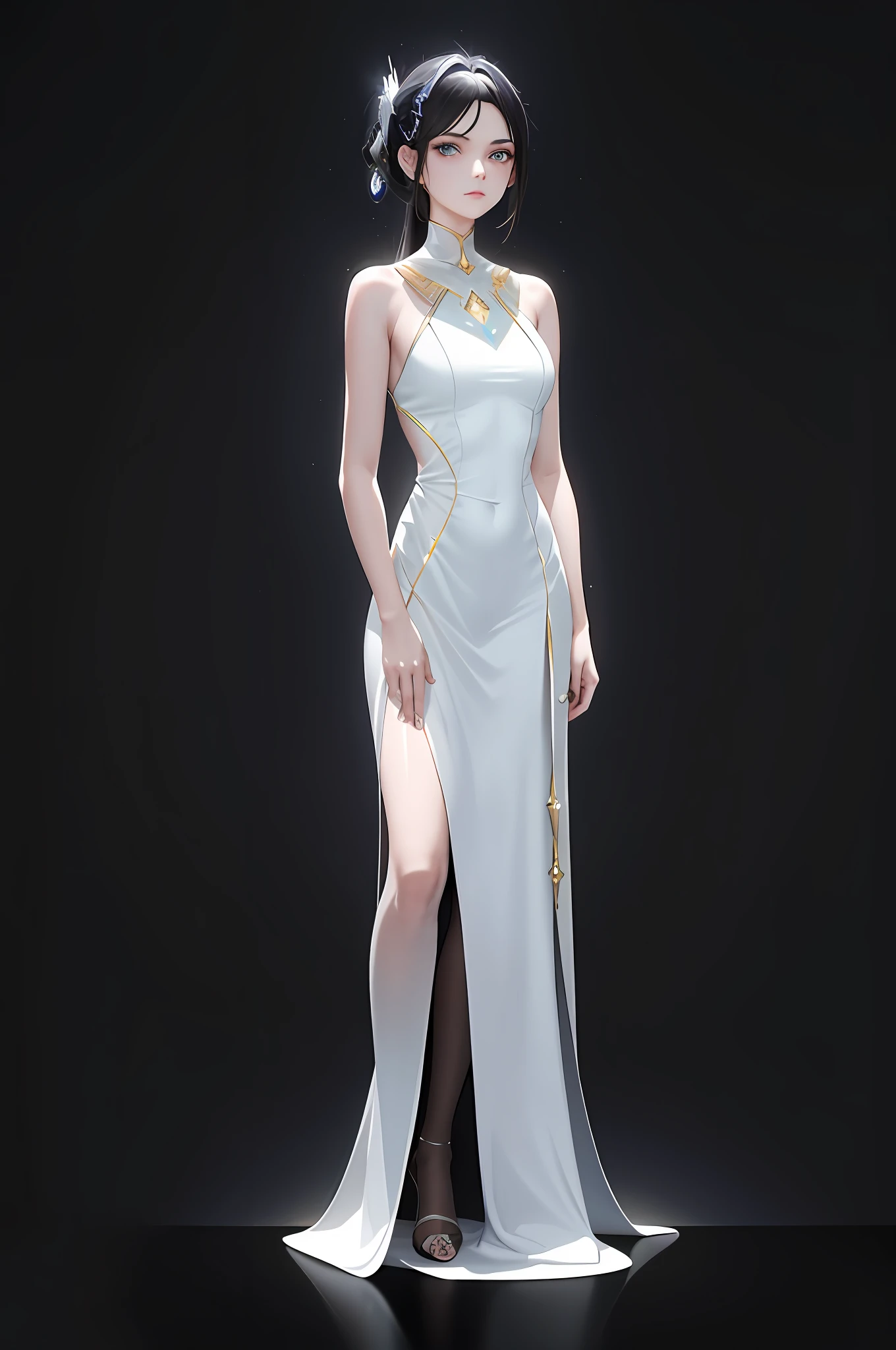 There are gold patterns on the clothes, There are shining light bars on the clothes,Bare arms, Bare palms, Sleeveless shirt, Full body,1 girl,Wear a Space opera style costumes, pale skin,A simple evening dress with a sci-fi feel, white plastic, diffuse lighting, divine goddess, fantasy, no helmet,absurdres,dune,mass,(masterpiece:1.4), ultra-detailed, 1girl, stand up,2023 fashion,