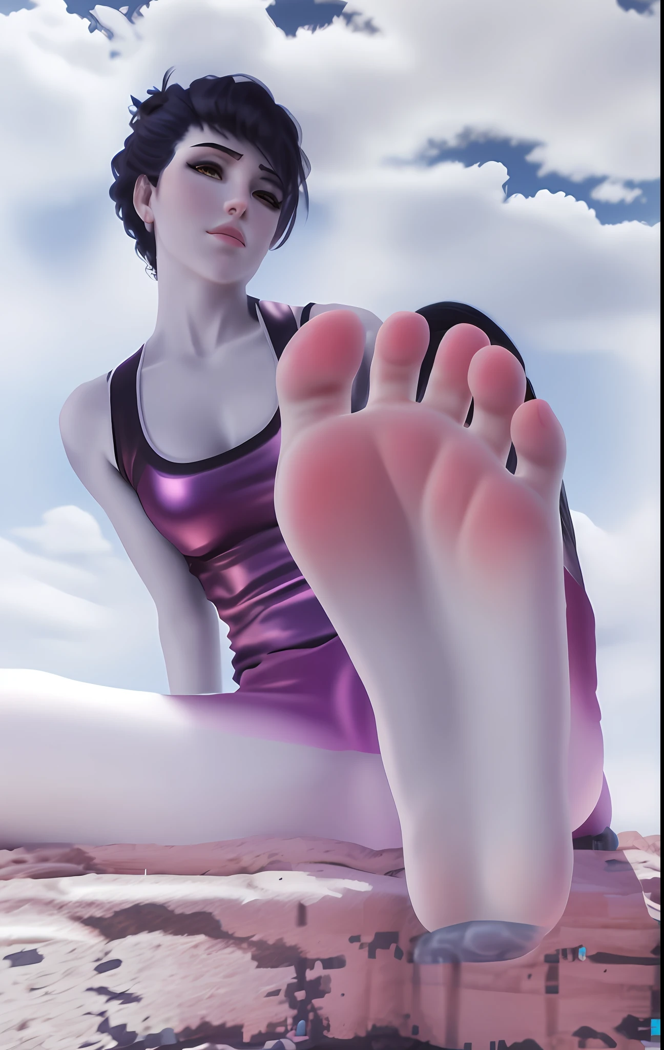 Widowmaker sitting on a ledge with her feet up, high soles, highly detailed giantess shot, mid view from below her feet, extremely detailed giantess shot, macro giantess, professional foot photography, detailed foot pov, feet posing,  giantess shot, perspective from below, high arches, low view, barefoot