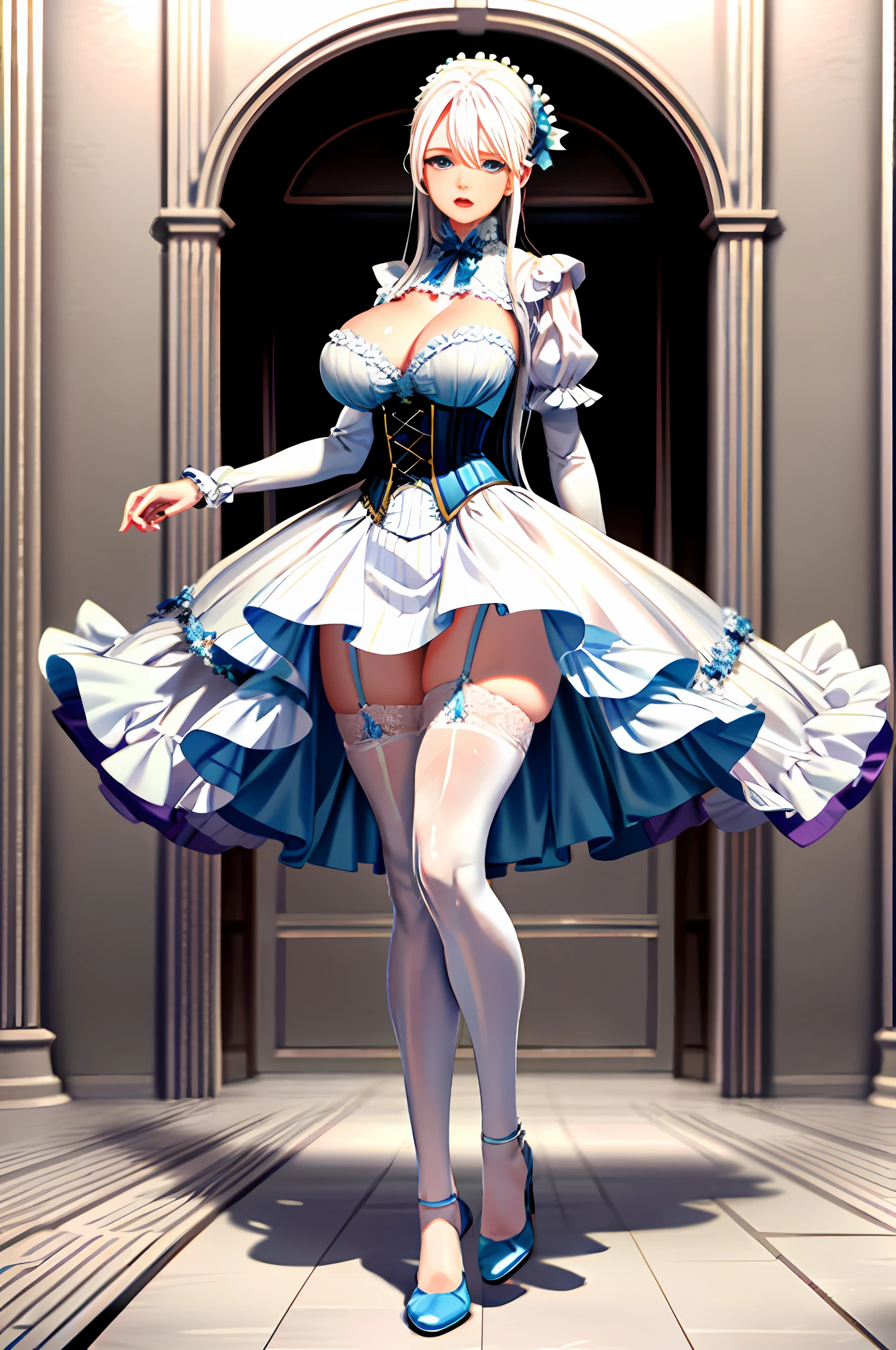 Ultra-realistic 8k CG, beautiful girl with white hair, blue eyes, open mouth, puffy, plump body, corset breast, fleshy thighs, white floral pattern stockings, high heels, full body, looking at the audience, symmetry, add_detail:1.5