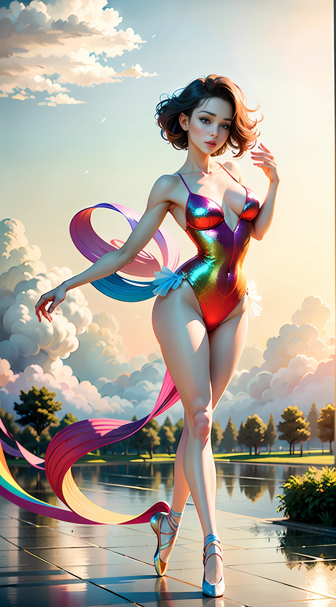 A beautiful woman dancing ballet, delicate face, perfect figure, pale slender legs, dancing on ((on colorful clouds in the sky)), colorful rainbow, glitter, dazzling, high quality, 8k