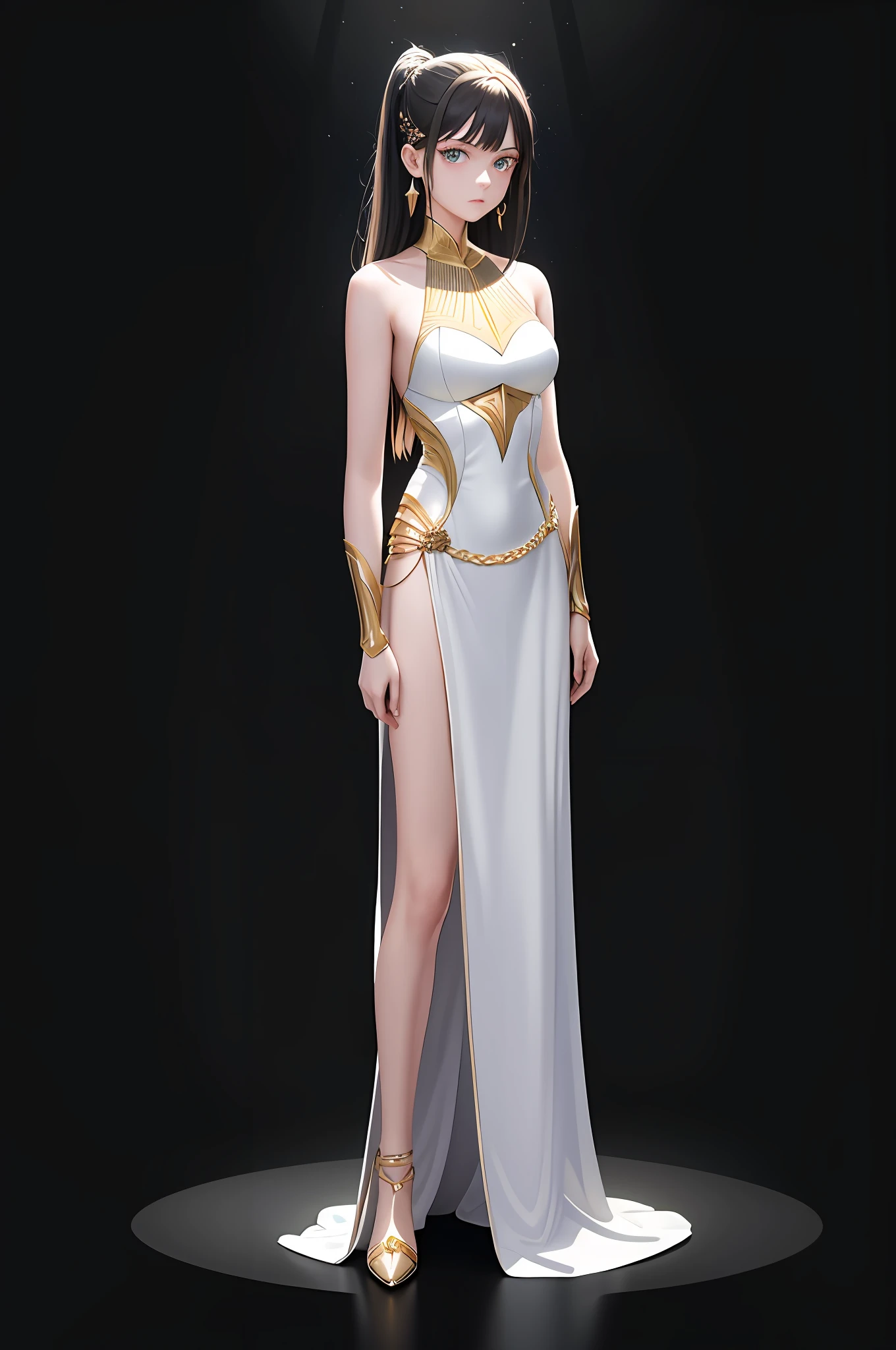 There are gold patterns on the clothes, There are shining light bars on the clothes,Bare arms, Bare palms, Sleeveless shirt, Full body,1 girl,Wear a Space opera style costumes, pale skin,A simple evening dress with a sci-fi feel, white plastic, diffuse lighting, divine goddess, fantasy, no helmet,absurdres,dune,mass,(masterpiece:1.4), ultra-detailed, 1girl, stand up,2023 fashion,