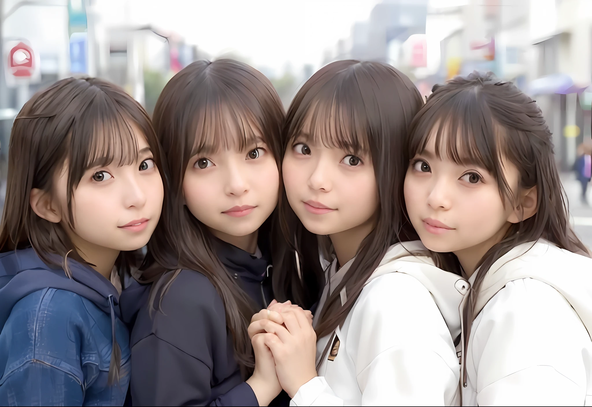 three girls are posing for a picture in a city street, 🚿🗝📝, cutecore, with cute - fine - face, sakimi chan, 🍁 cute, ❤🔥🍄🌪, only a few bangs of hair, けもの, sakimichan, the hime cut, shikamimi, 🍂 cute, profile pic