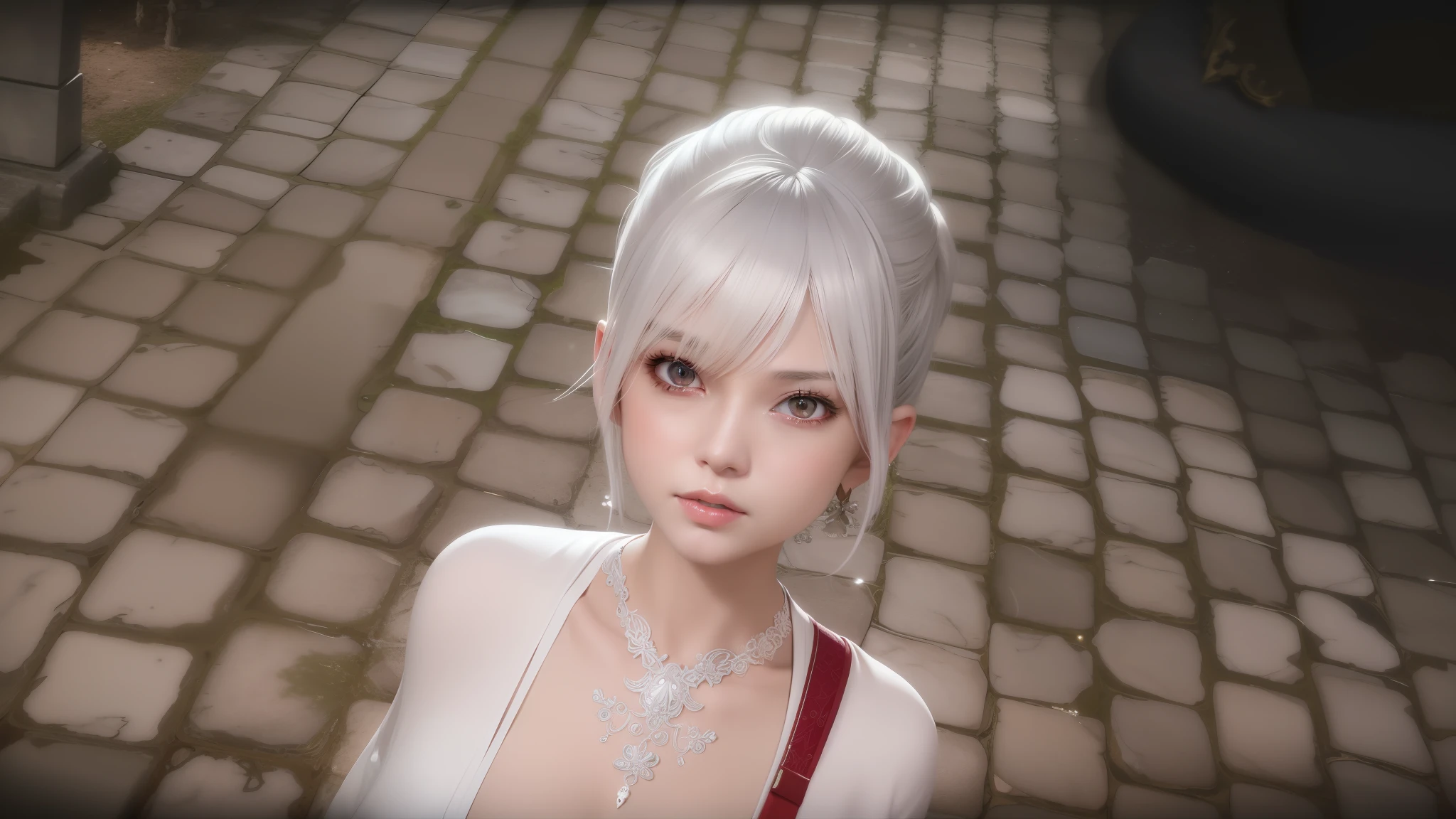 there is a woman with a white dress and a red necklace, 2 b, 2b, new character, 8 k character details, character close up, 4k], girl with white hair, 4 k ], close up character, with very highly detailed face, blade and soul, female character, photorealistic anime girl render, highly detailed character, character close-up