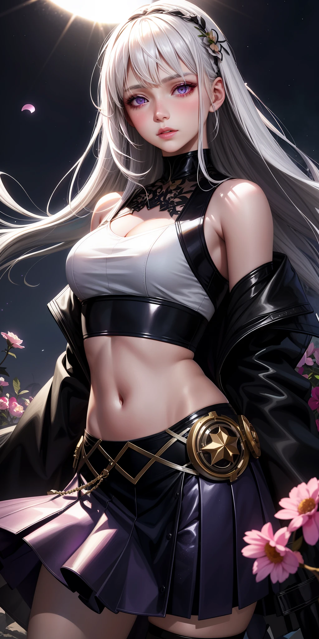 realistic, 1girl, white hair, purple eyes, glowing eyes, crop top, skirt, parted lips, blush, night, flowers, sun, sunlight,