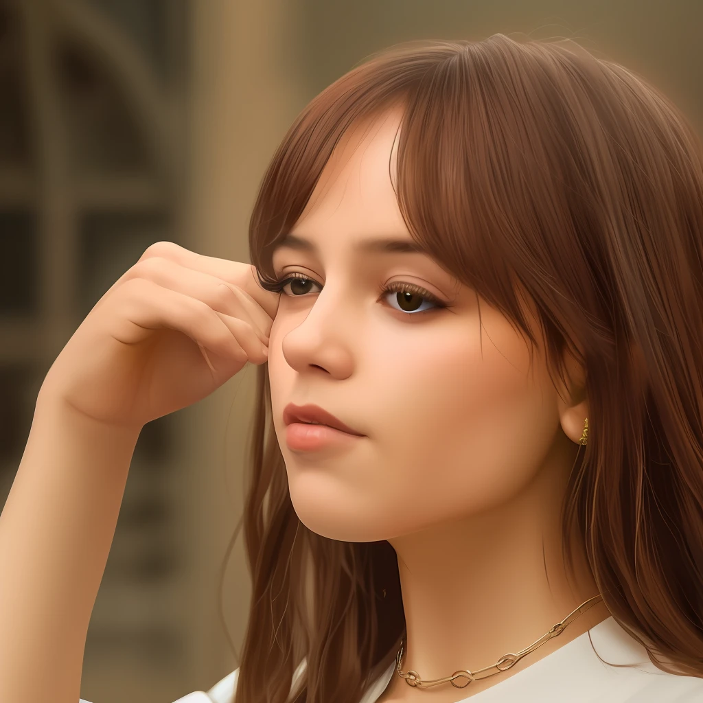 Generate a realistic image of a 20-year-old woman in Rio de Janeiro's Christ the Redeemer by taking a photo