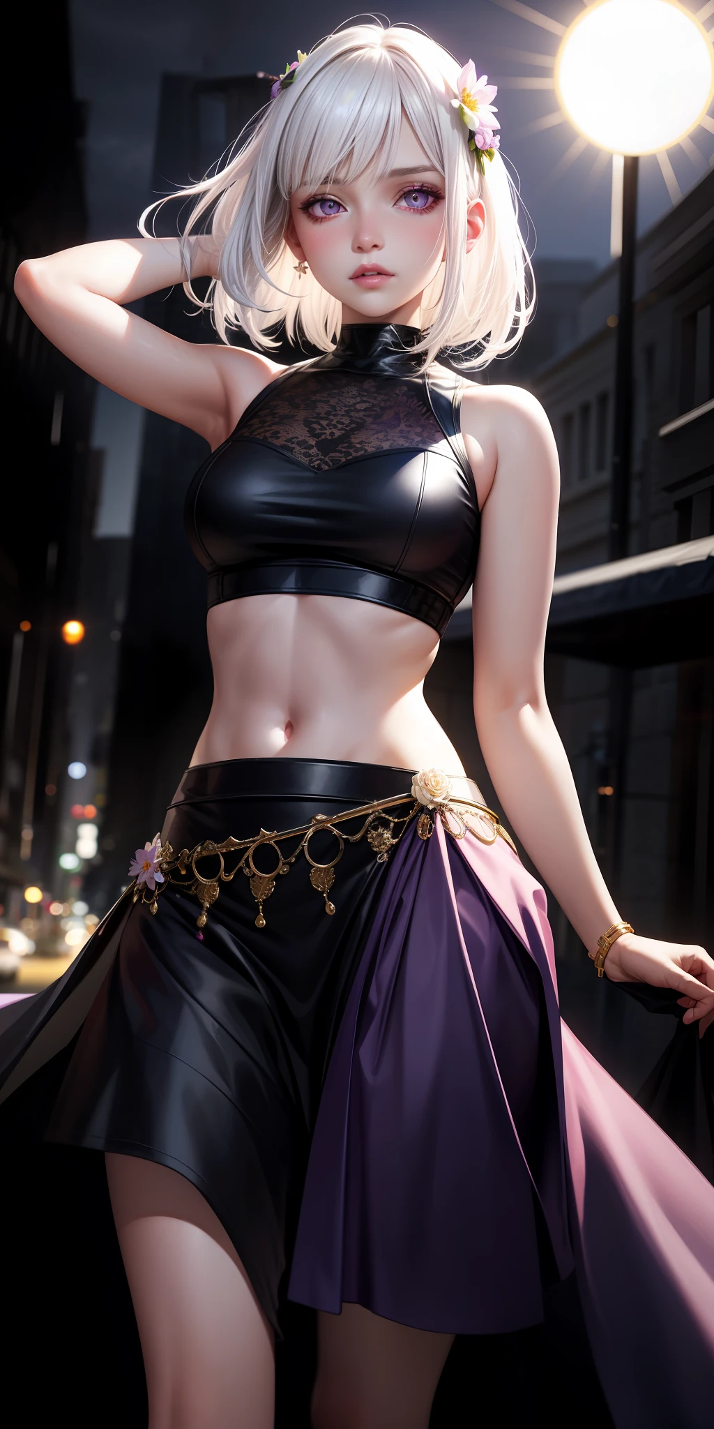 realistic, 1girl, white hair, purple eyes, glowing eyes, crop top, skirt, parted lips, blush, night, flowers, sun, sunlight,