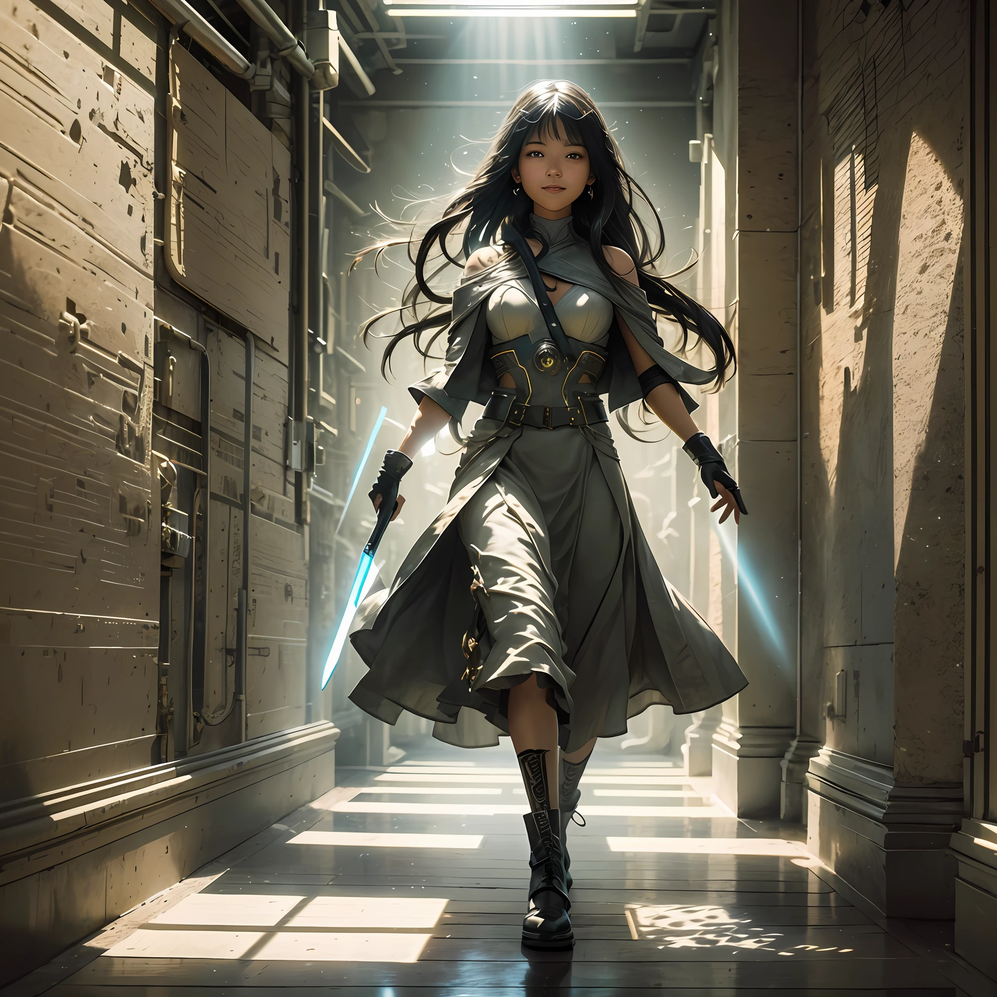 professional cinematic photo of a girl wandering in a hall, smiling, detailed face, ultimate shadow depth, f/45 aperture, complex busy setting, complex shadows and lighting,, luminism, ultra bioluminescence, god rays, warm colors, high contrast, high focus, best Form shadows, best Shadow receiving bounced light, best Core shadows, best Cast shadows, best Occlusion shadows, ultra intricate shadow-light play,