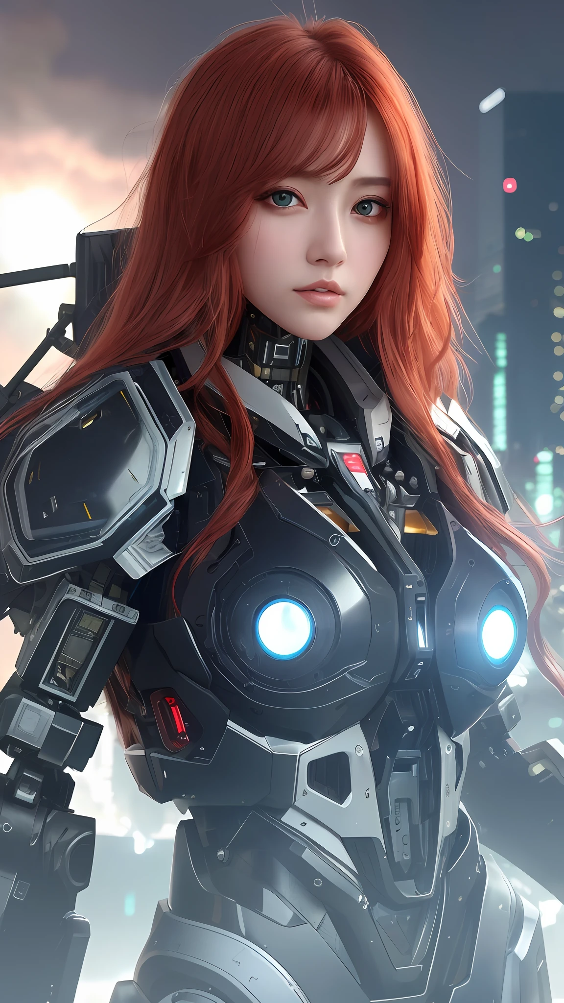 (8k, masterpiece, best quality), ultra-detailed, detailed beautiful round eyes, beautifully detailed face, high quality, high resolution, mecha girl, massive breast, mecha, ruins of city, perfect face, perfect skin, nighttime, sexy body, red hair, hands on, (long hair:1), female mecha, cyberpunk, (seductive)
