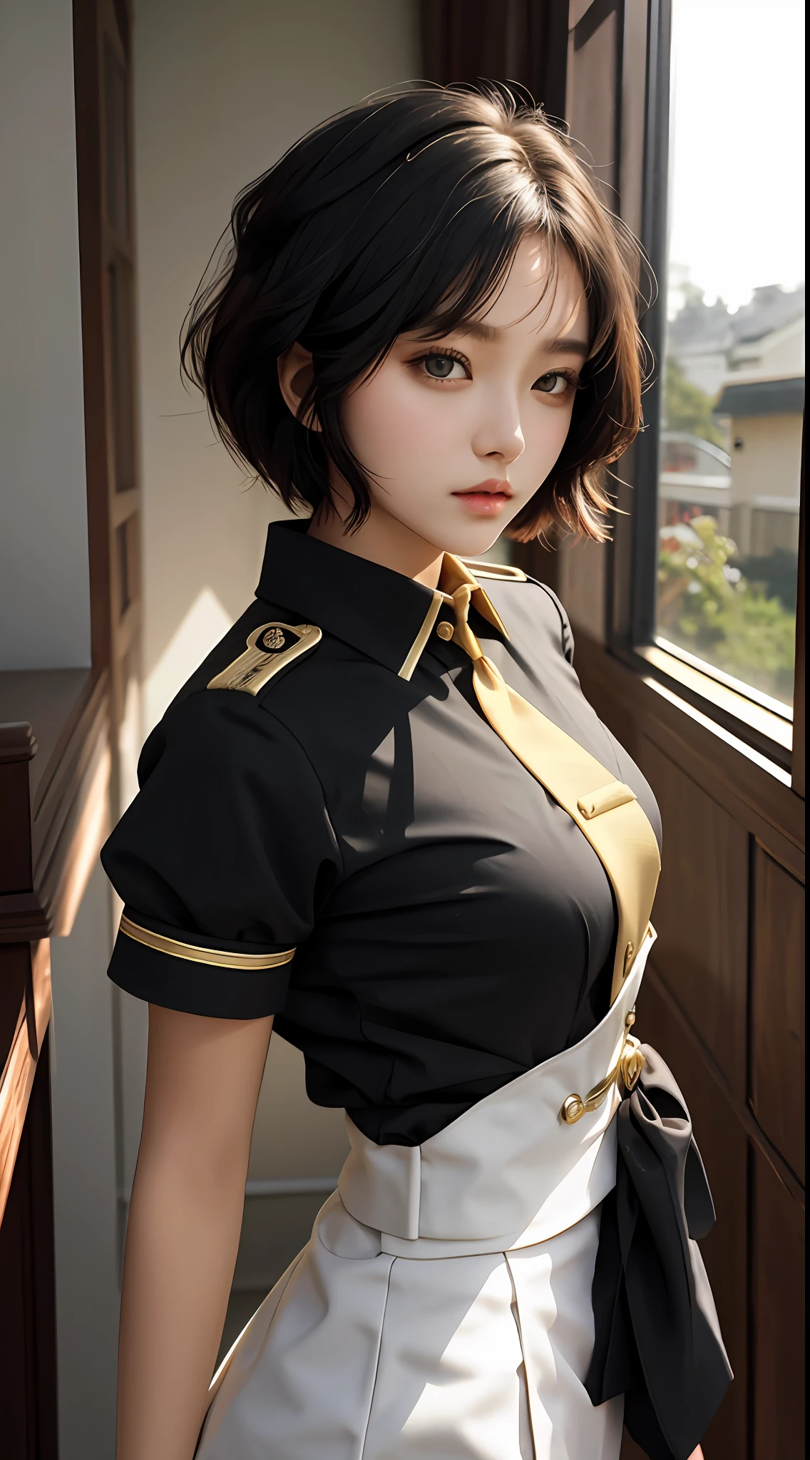 Girl, One, Top Quality, Upper Body, Beautiful, Pretty, Shine, Large Breasts, Short Hair, Masterpiece, Cat Eyes, Uniform, Black Hair, Big Ass
