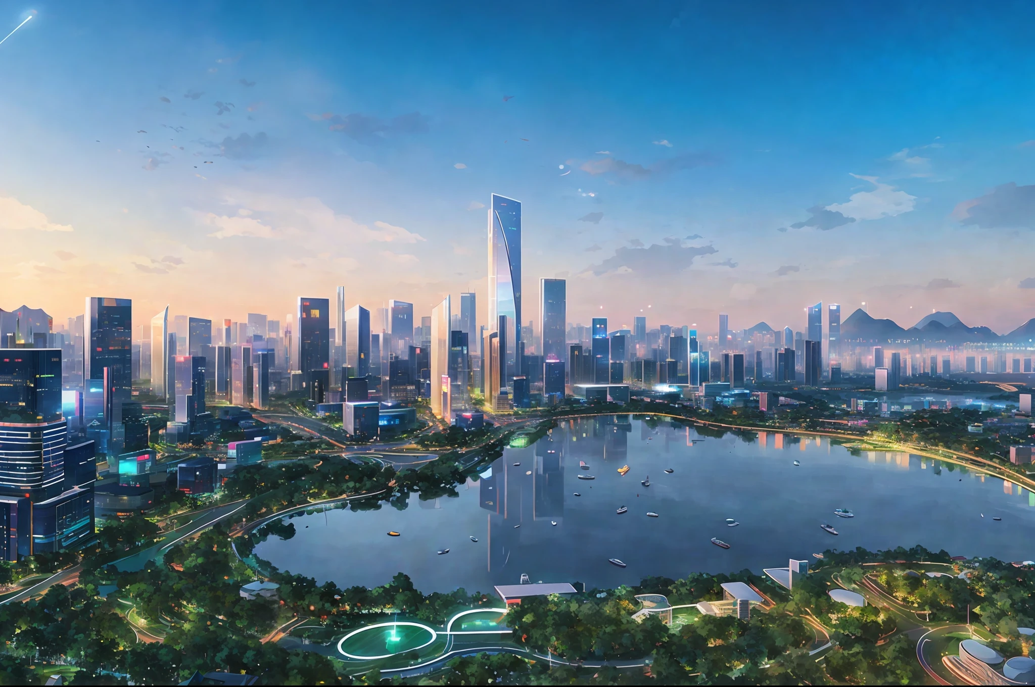 City skyline view with lake and park, illustration by Cha Shibiao, shutterstock, Art Nouveau, Shenzhen, Shenzhen, Shenzhen. Guangjian, super wide view of urban landscape, beautiful city of the future, beautiful urban landscape, science and technology city background, Hou porcelain, with a city in the background. Inspired by Makoto Shinkai's popular concept art and masterpieces on pixiv, stunning reflection effects, vision (wide angle lens), super high resolution (fidelity: 1.4), super high quality, extremely detailed CG Unity 8k wallpapers, aesthetics , award-winning photography, photorealism, high detail, intricacies, the art of travel