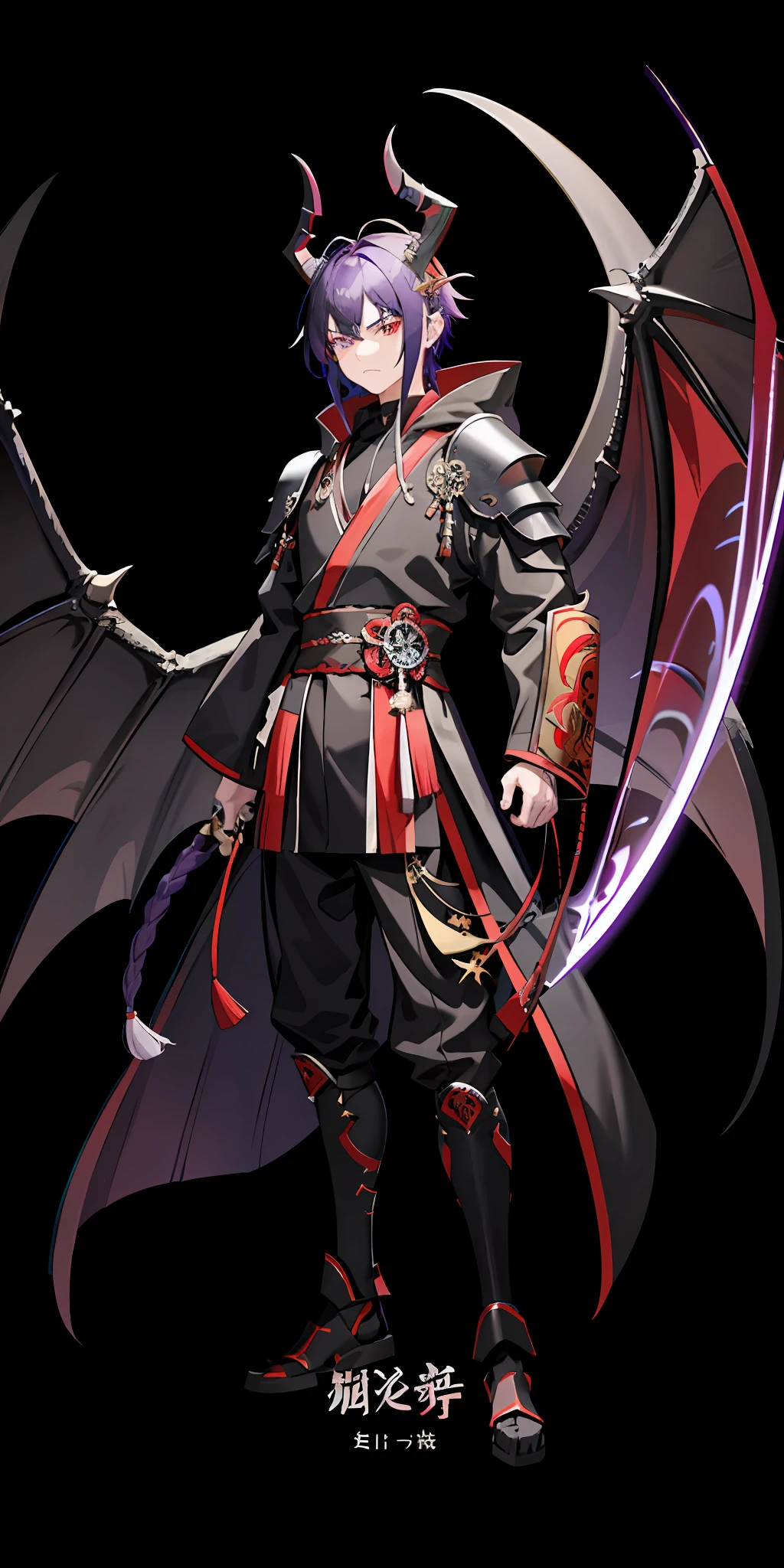 1 man,black and purple hair,red detailed eyes, multicolored hair,angry face,dragon horn,full devil armor combine with angel armor combine with hoodie,holding a black dragon katana,dragon Wings,Shogun cloak, authoritative pose,devil aura,shoulder armor,hand armor