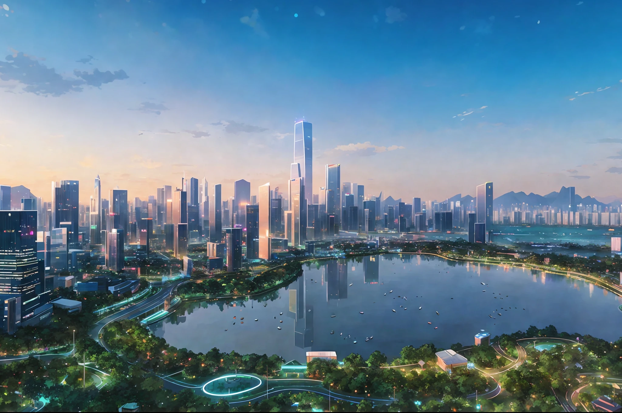 City skyline view with lake and park, illustration by Cha Shibiao, shutterstock, Art Nouveau, Shenzhen, Shenzhen, Shenzhen. Guangjian, super wide view of urban landscape, beautiful city of the future, beautiful urban landscape, science and technology city background, Hou porcelain, with a city in the background. Inspired by Makoto Shinkai's popular concept art and masterpieces on pixiv, stunning reflection effects, vision (wide angle lens), super high resolution (fidelity: 1.4), super high quality, extremely detailed CG Unity 8k wallpapers, aesthetics , award-winning photography, photorealism, high detail, intricacies, the art of travel
