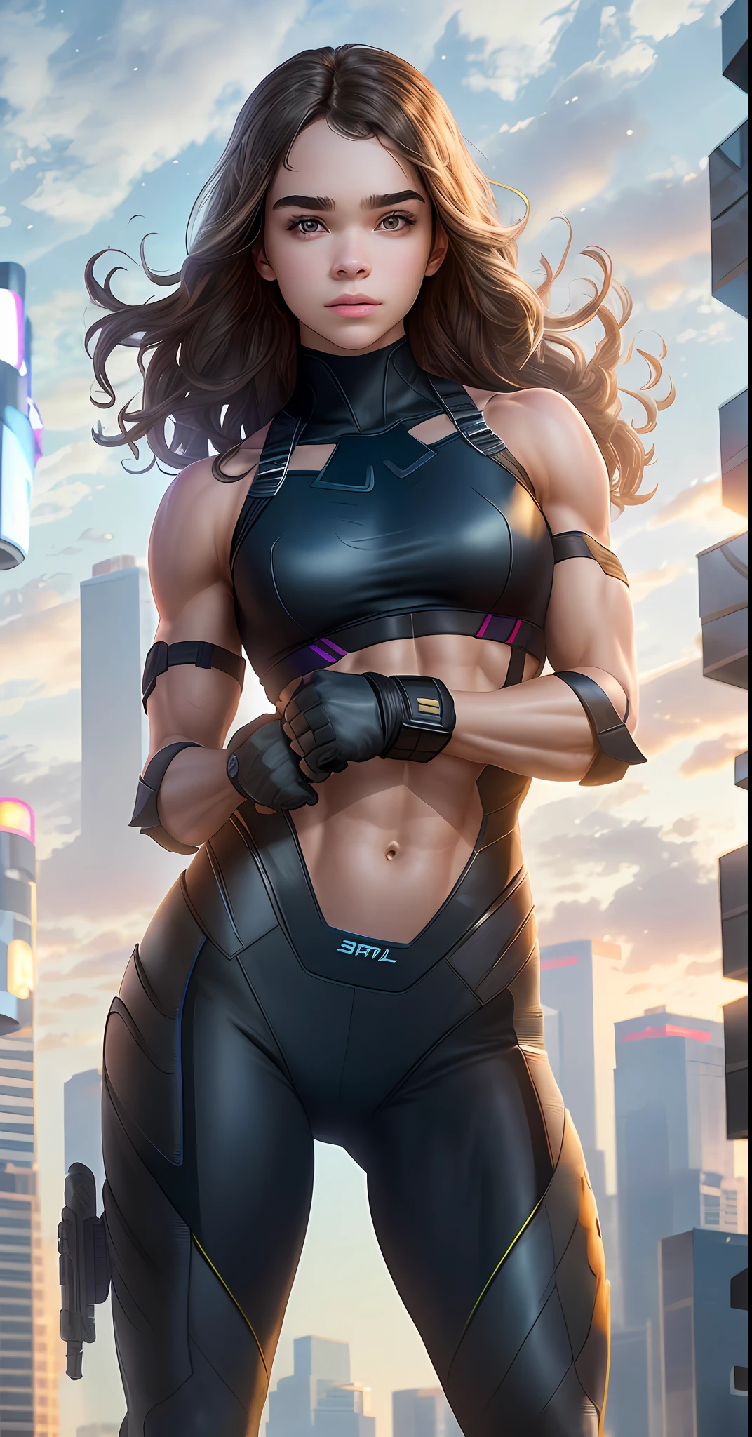 Solo, 1woman, adult, Hawkeye (Hailee Steinfeld, strong, muscular, toned abs, biceps), wearing a sexy superhero costume, shoulders showing, navel showing, on a roof of a building, at night, "(masterpiece, best quality, 8k, sharp focus, depth of field, best shadows, perfect lights, HDR, realistic skin texture, ultra-detailed background, detailed)", ((photorealistic, RAW photo))
