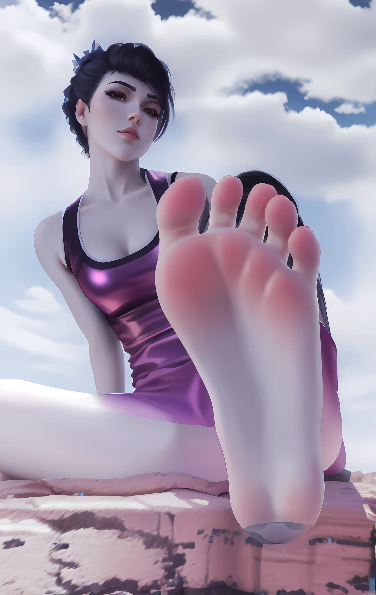 Widowmaker sitting on a ledge with her feet up, high soles, highly detailed giantess shot, mid view from below her feet, extremely detailed giantess shot, macro giantess, professional foot photography, detailed foot pov, feet posing, giantess shot, perspective from below, high arches, low view, barefoot