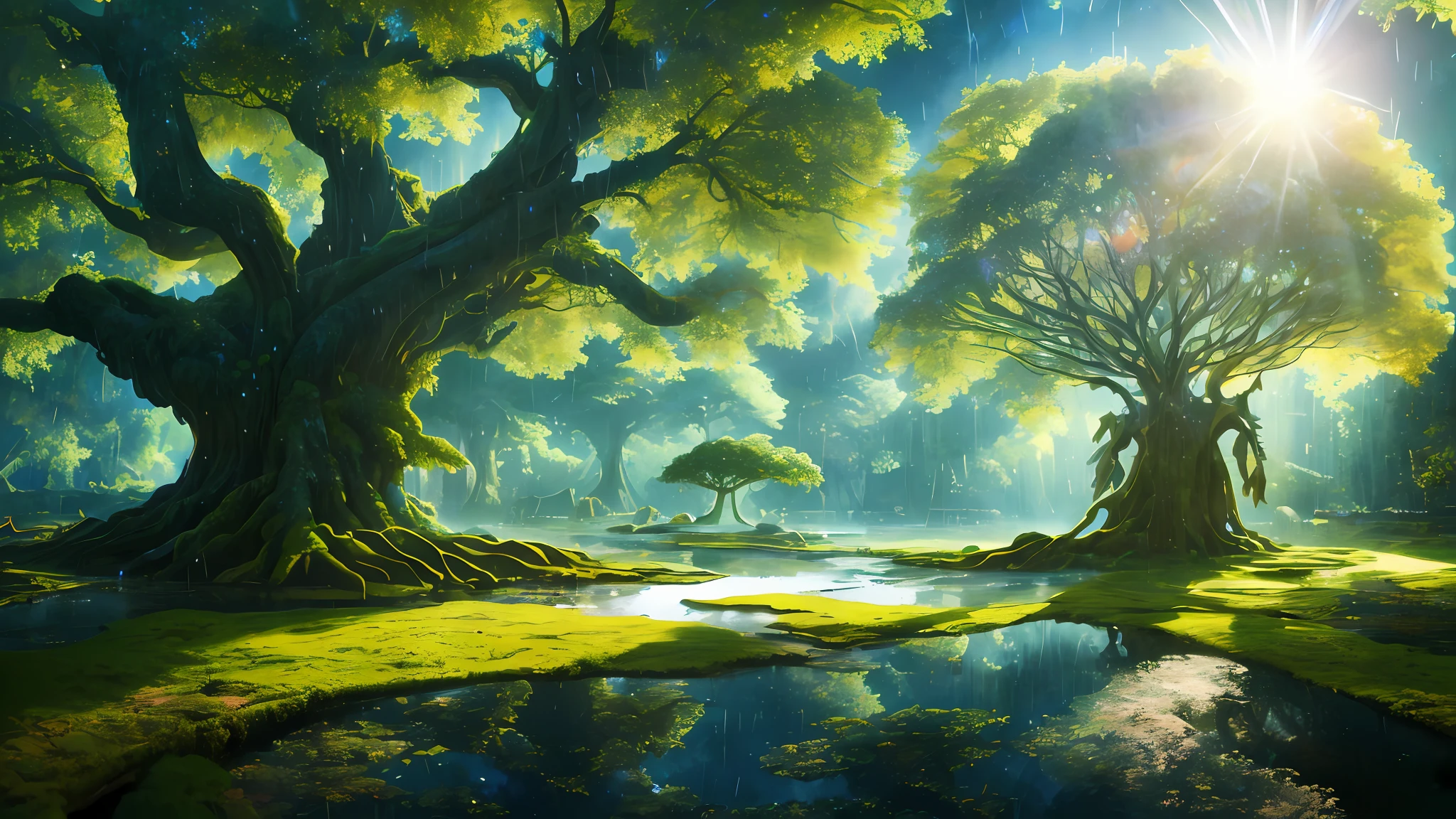 Forest at night, masterpiece, best quality, high quality, highly detailed CG unity 8k wallpaper, surreal giant cyan rain tree in a futuristic prehistoric village, splashing water, sandy debris, lens flare , sun axis, fluffy clouds, ultra detailed, HDR, bloom, photorealistic, ultra detailed