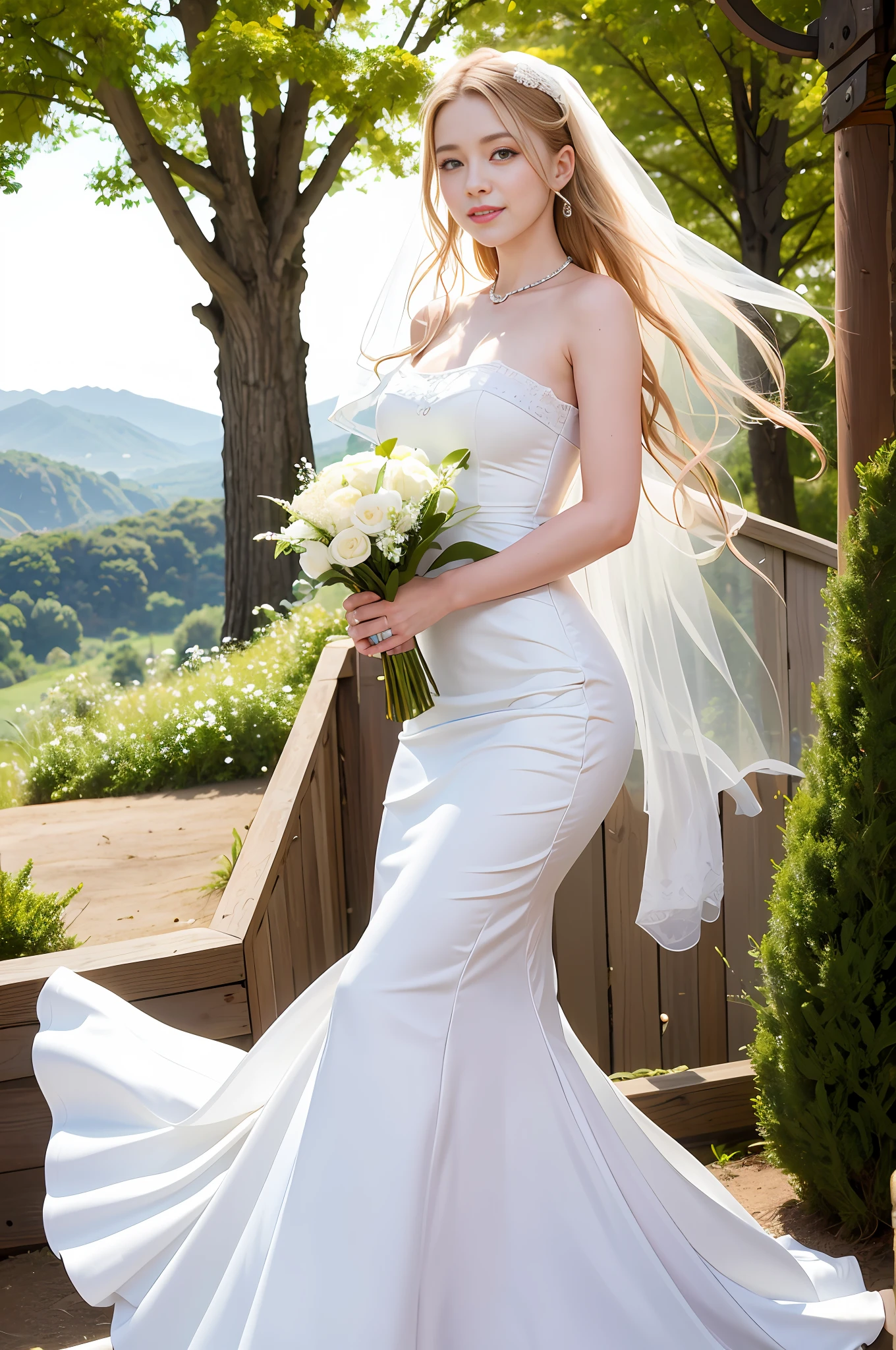(top quality, masterpiece: 1.2), ranch with thoroughbreds, girl 28 years old, smile, white wedding dress, dress of the white mermaid line,