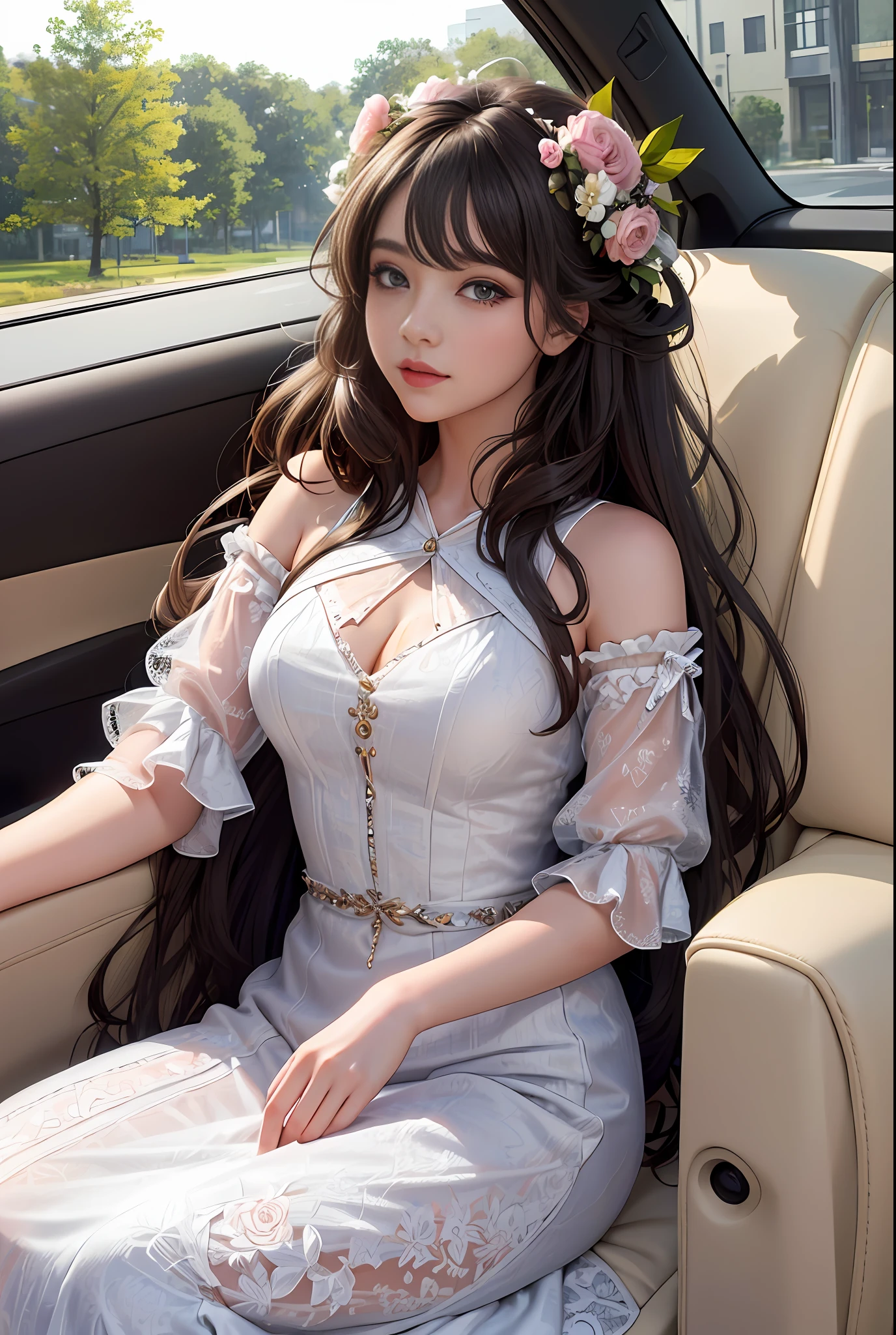 Girl sitting in a car with a bouquet of flowers in her hand, sitting in her car, with long hair, her hair flowing down, with long curly hair, her loose hair, girl with super long hair, long curly hair,long windy hair style, back pose, wearing beautiful floral dress, (hyperrealistic), (illustration), (high resolution), (8K), (extremely detailed), (best illustration), (beautiful detailed eyes), (best quality), (ultra-detailed), (masterpiece), (wallpaper), (detailed face)