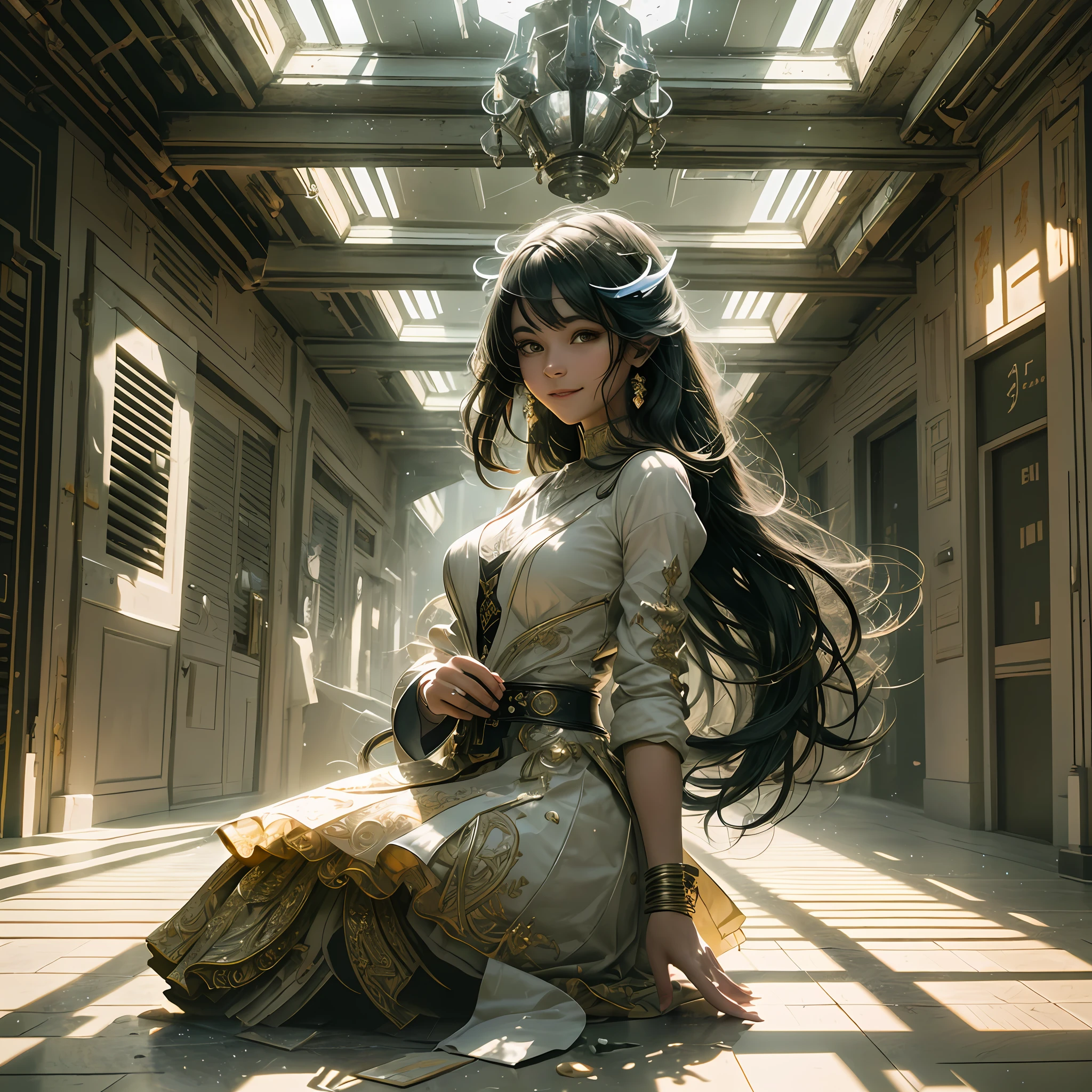 professional cinematic photo of a girl wandering in a hall, smiling, detailed face, ultimate shadow depth, f/45 aperture, complex busy setting, complex shadows and lighting,, luminism, ultra bioluminescence, god rays, warm colors, high contrast, high focus, best Form shadows, best Shadow receiving bounced light, best Core shadows, best Cast shadows, best Occlusion shadows, ultra intricate shadow-light play,
