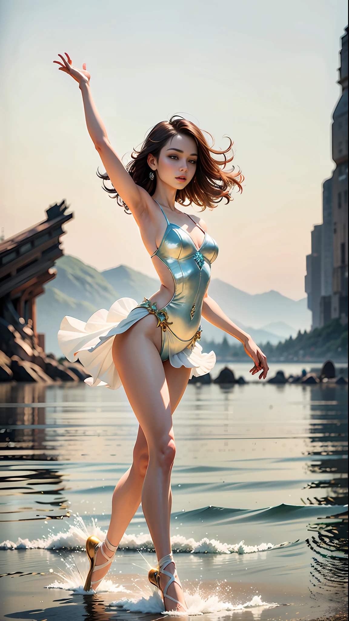 A beautiful woman dancing ballet, delicate face, perfect figure, pale slender legs, dancing ((on the water)), splashing, sparkling, glittering, dazzling, high quality, 8k