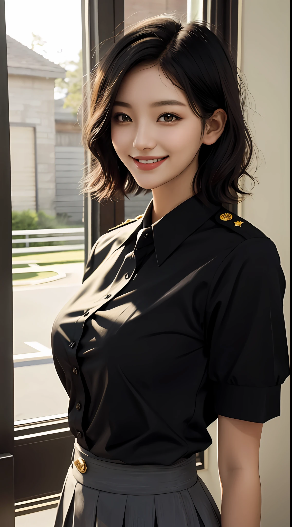 Girl, Single, Top Quality, Upper Body, Beautiful, Pretty, Radiant, Breast-Large, Short Hair, Masterpiece, Cat Eyes, Uniform, Black Hair, Big Ass, Smile